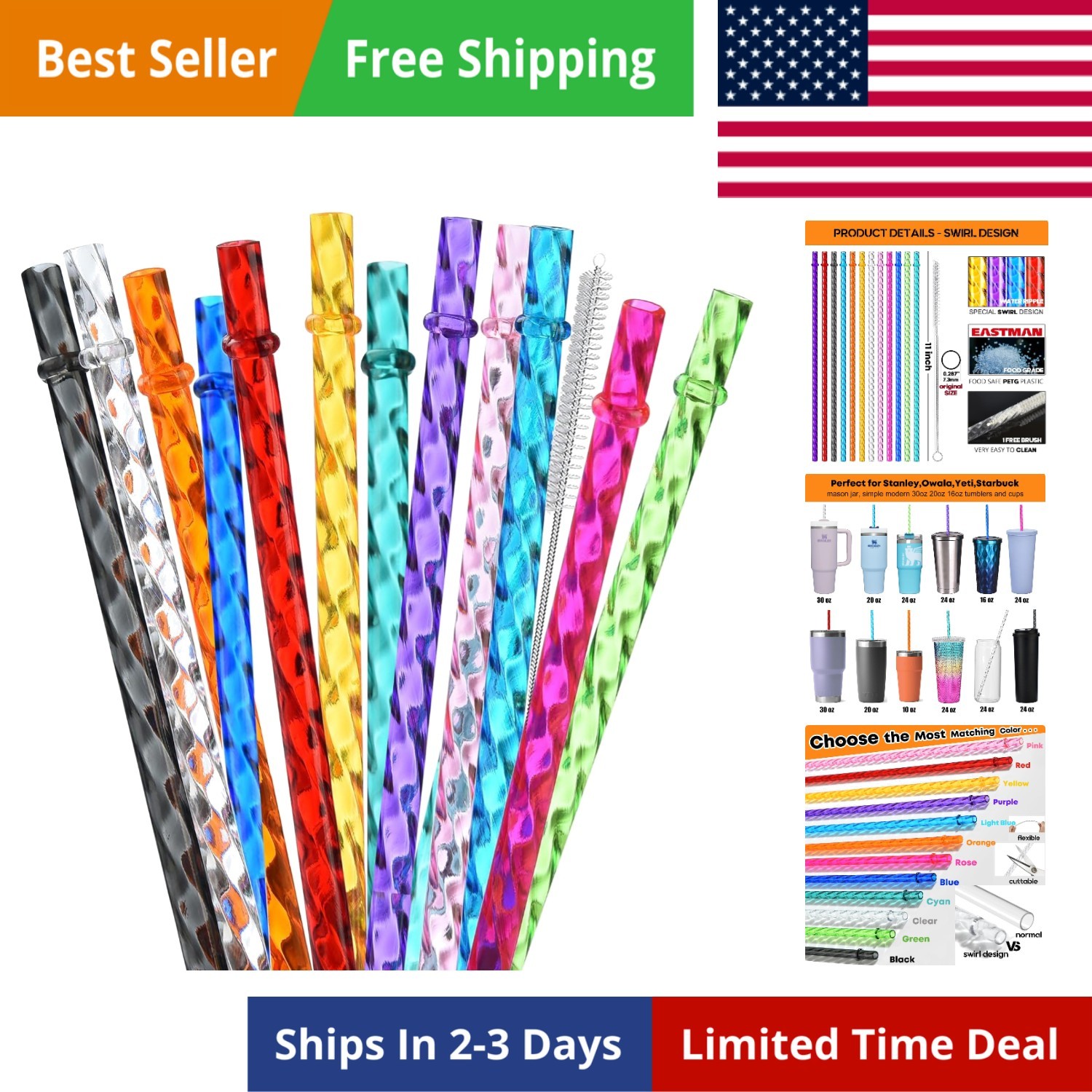 ALINK 12-Pack Reusable Plastic Clear Swirl Straws, 13″ Extra Long Colorful Hard