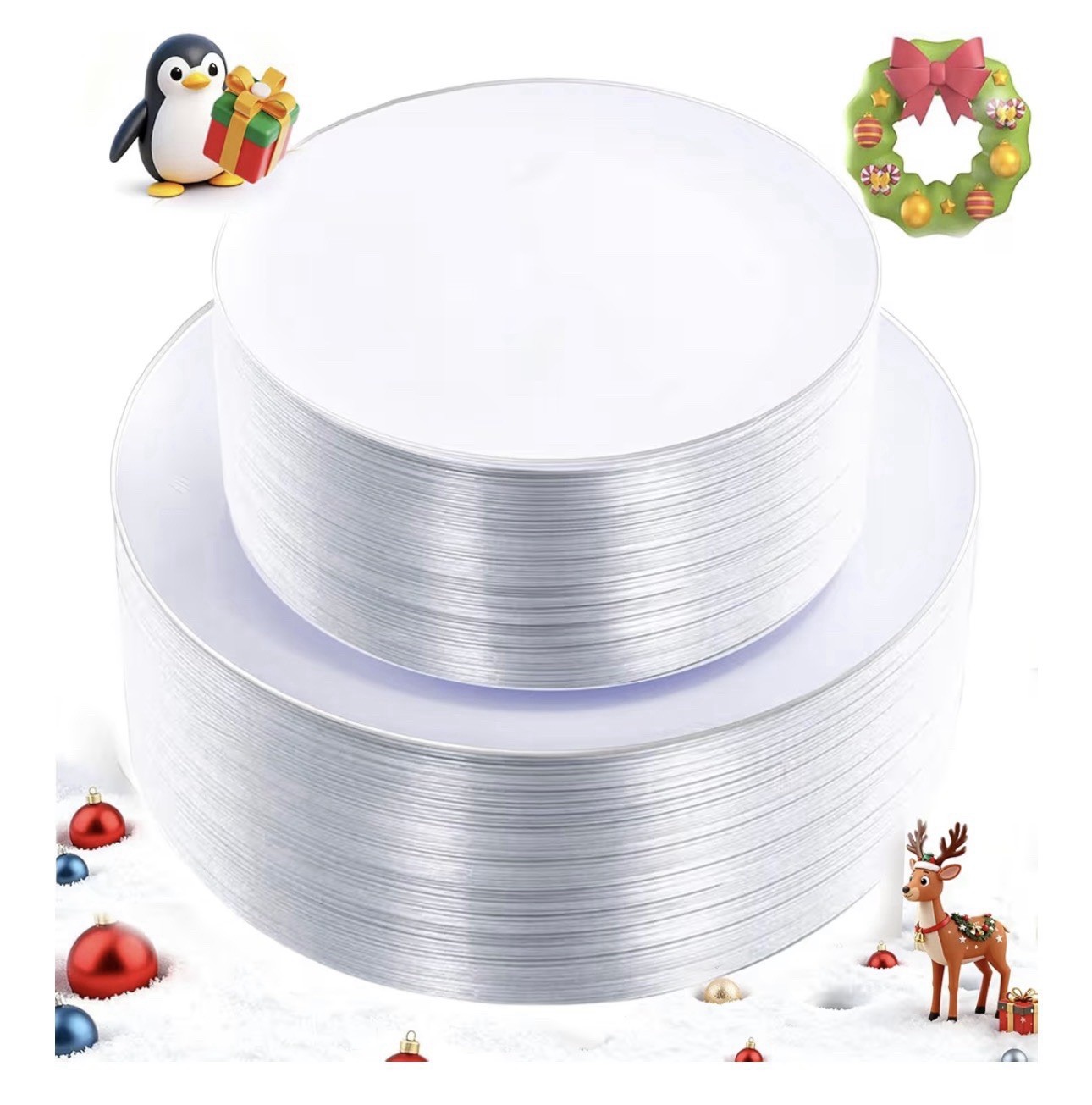 100PCS Silver Plastic Plates – Heavy Duty White Disposable Plates with Silver