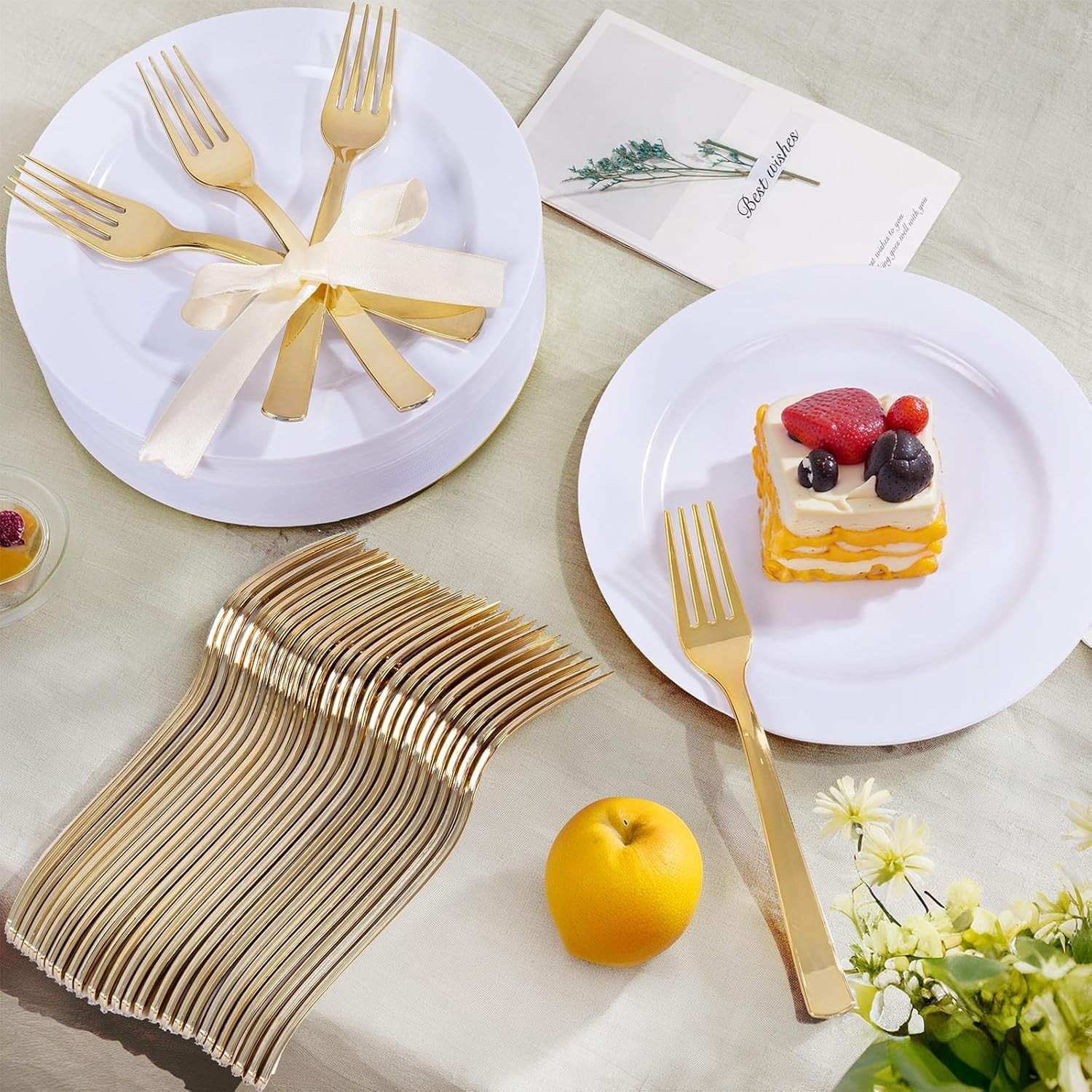100PCS White Plastic Dessert Plates and 100PCS Gold Disposable Forks, Premium…
