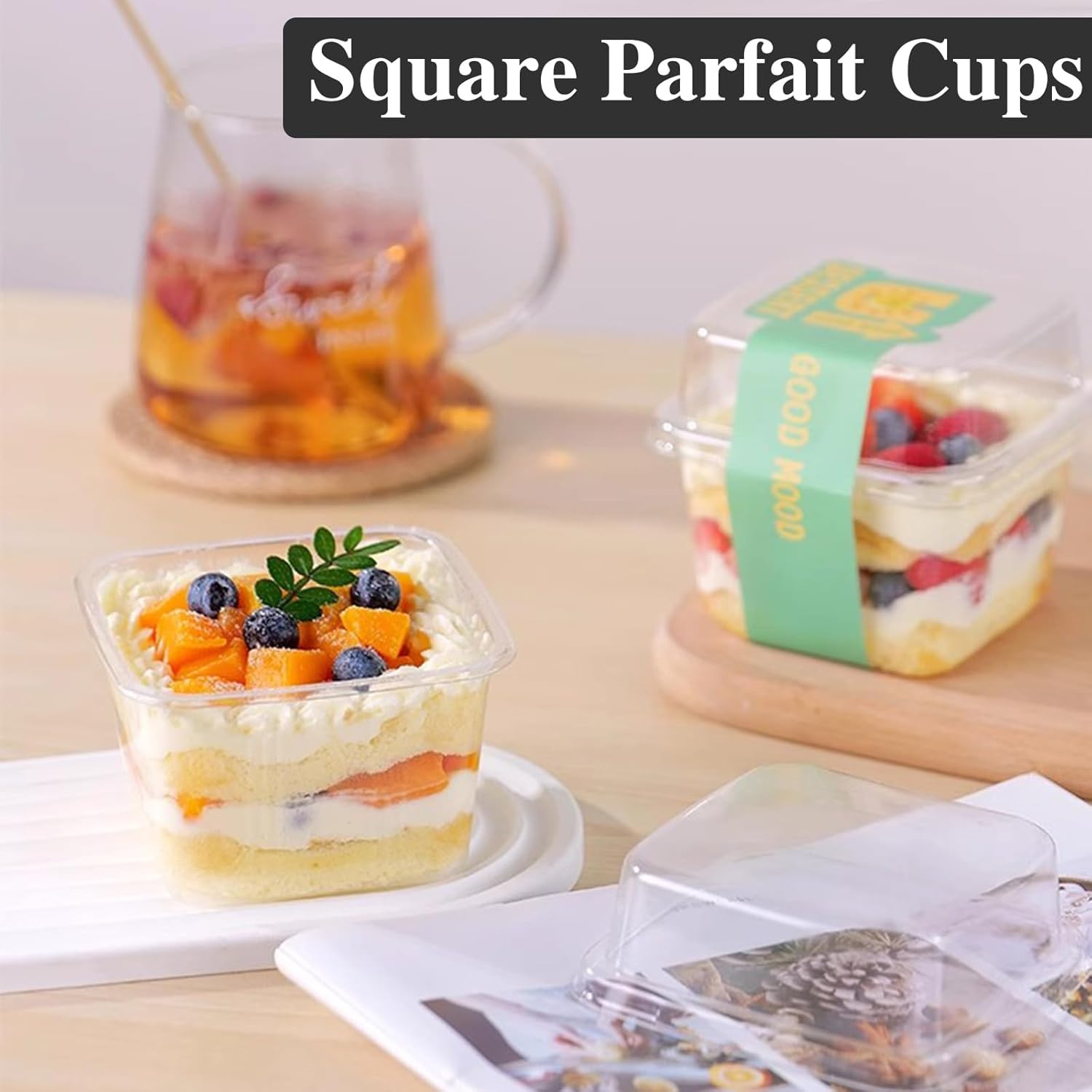50 Pcs 8OZ Plastic Dessert Cups with Lids and Spoons,Square Parfait Cups,Disp…