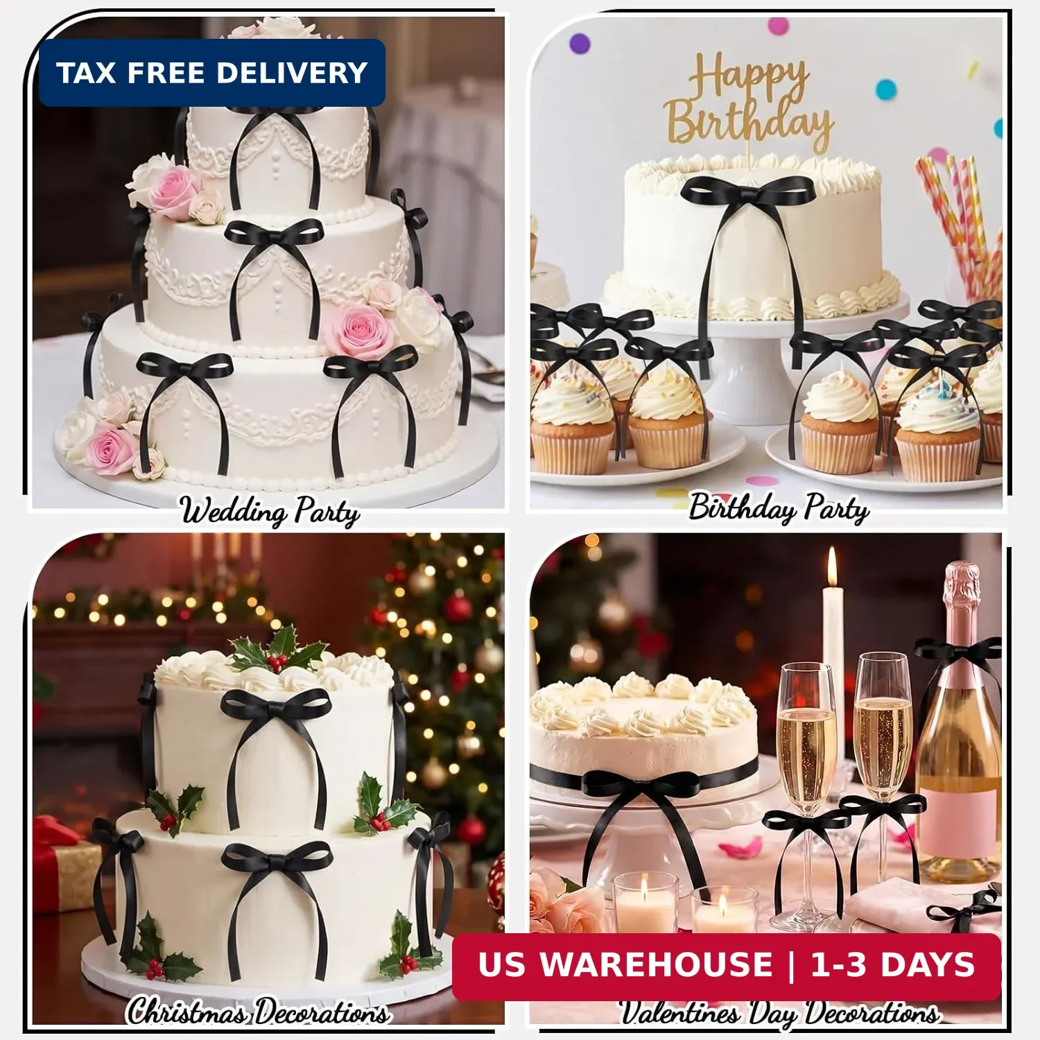 NatNarr 30 Pack Bow Cake Toppers Black Ribbon Bows for Cake Bow Cupcake Toppers