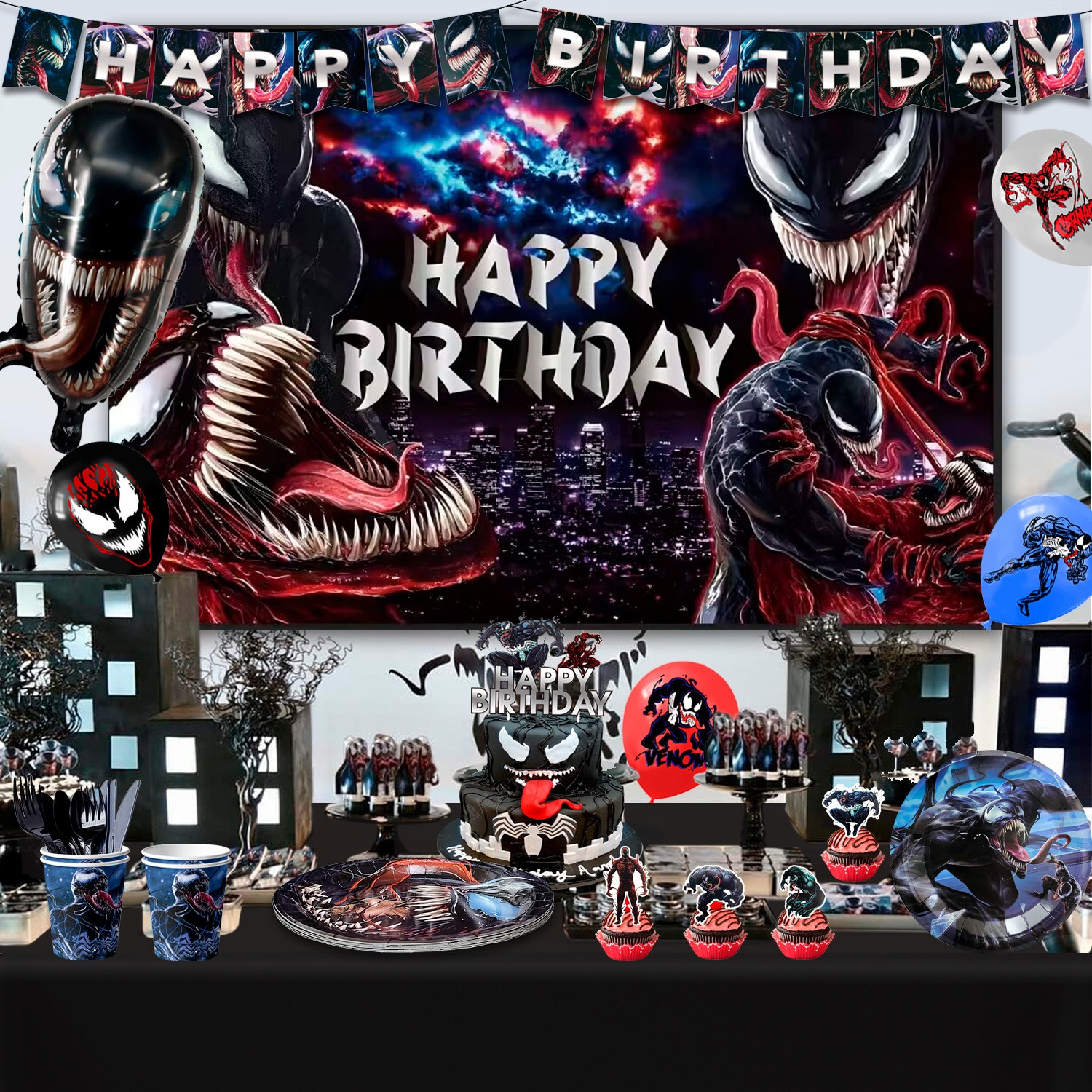 113Pcs Venom Party Supplies Superhero Birthday Party Decorations Balloons Plates