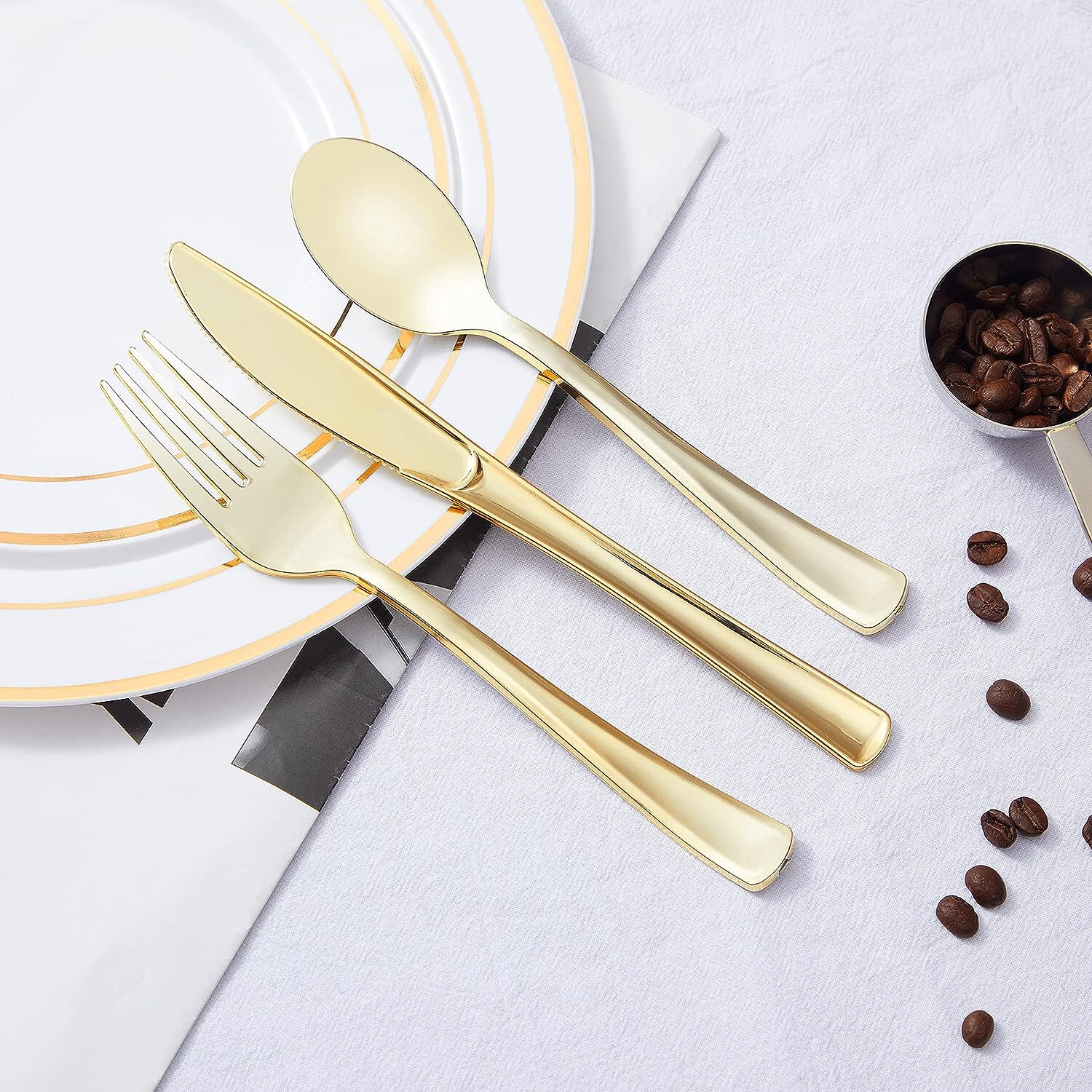 Gold Plastic Silverware Disposable Cutlery Set Heavy Duty Spoons Forks Knives