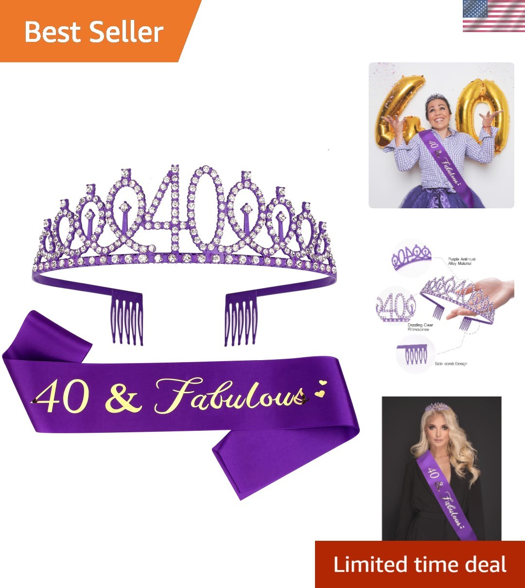 40th Birthday Sash & Rhinestone Tiara Set in Purple – Celebrate Fabulousness!