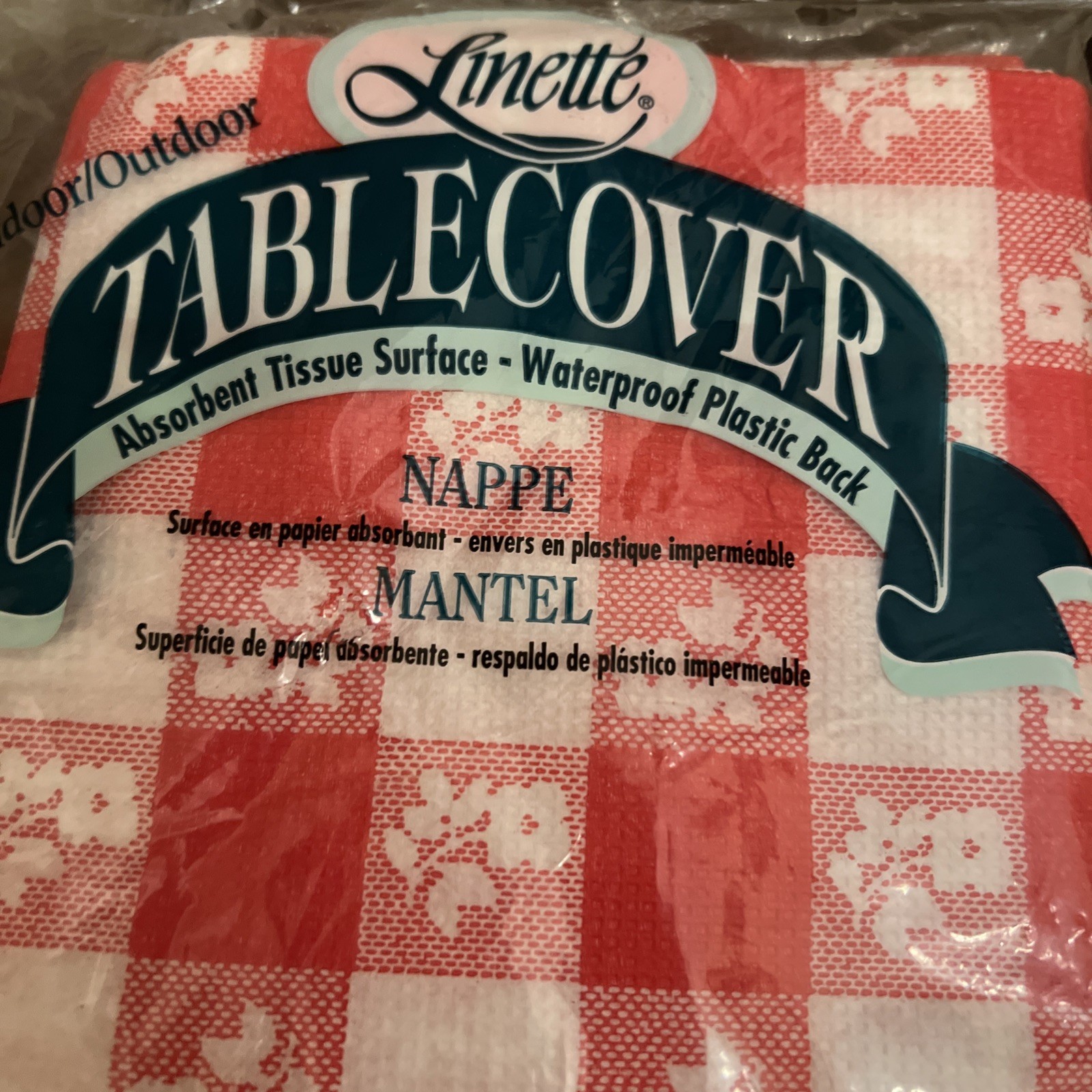 Vtg Picnic Table Cover Tablecloth Gingham Check Paper Tissue Plastic Red USA