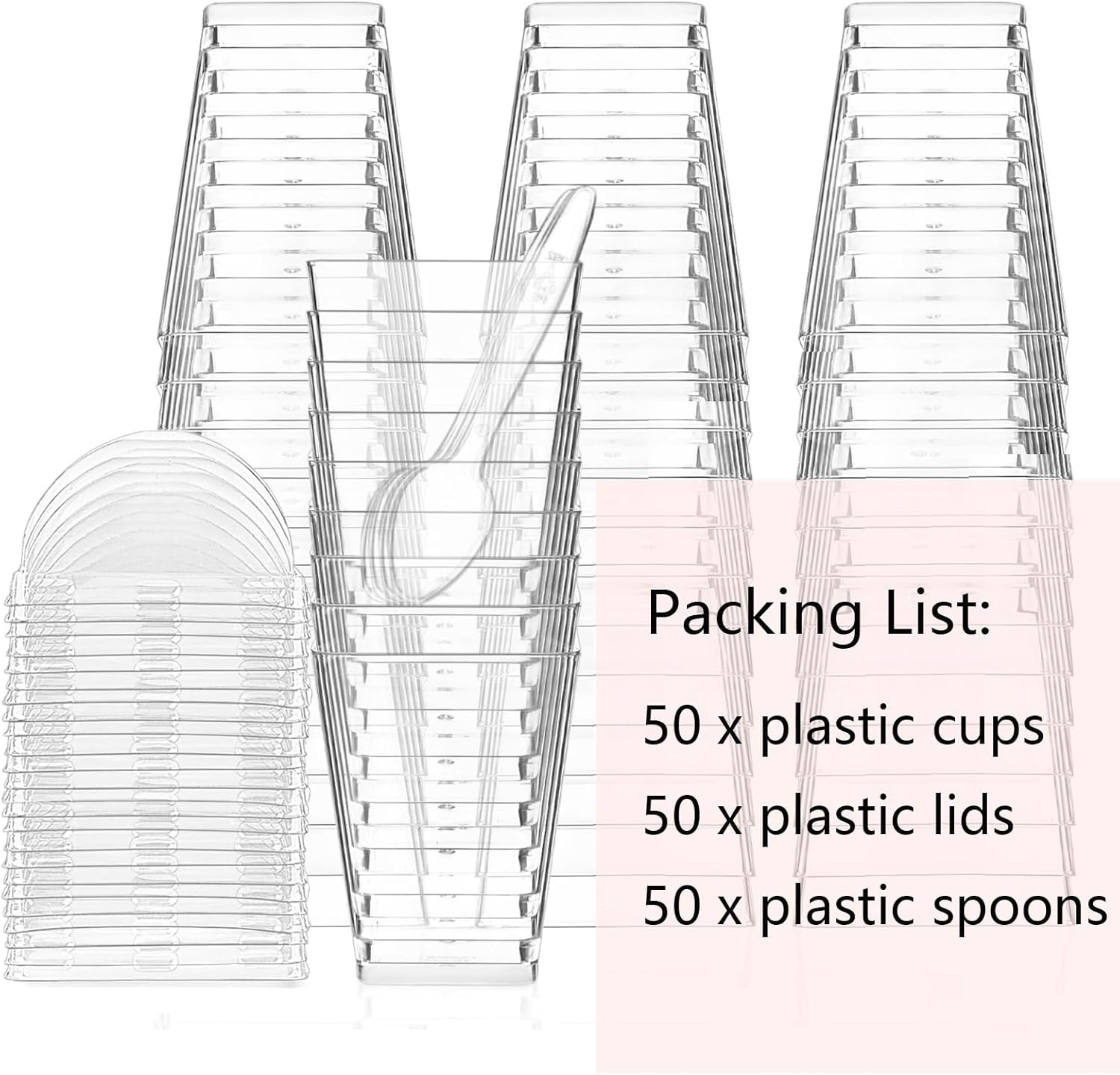 50Pack 5Oz Plastic Dessert Cups with Lids and Spoons, Square Clear Parfait Appet