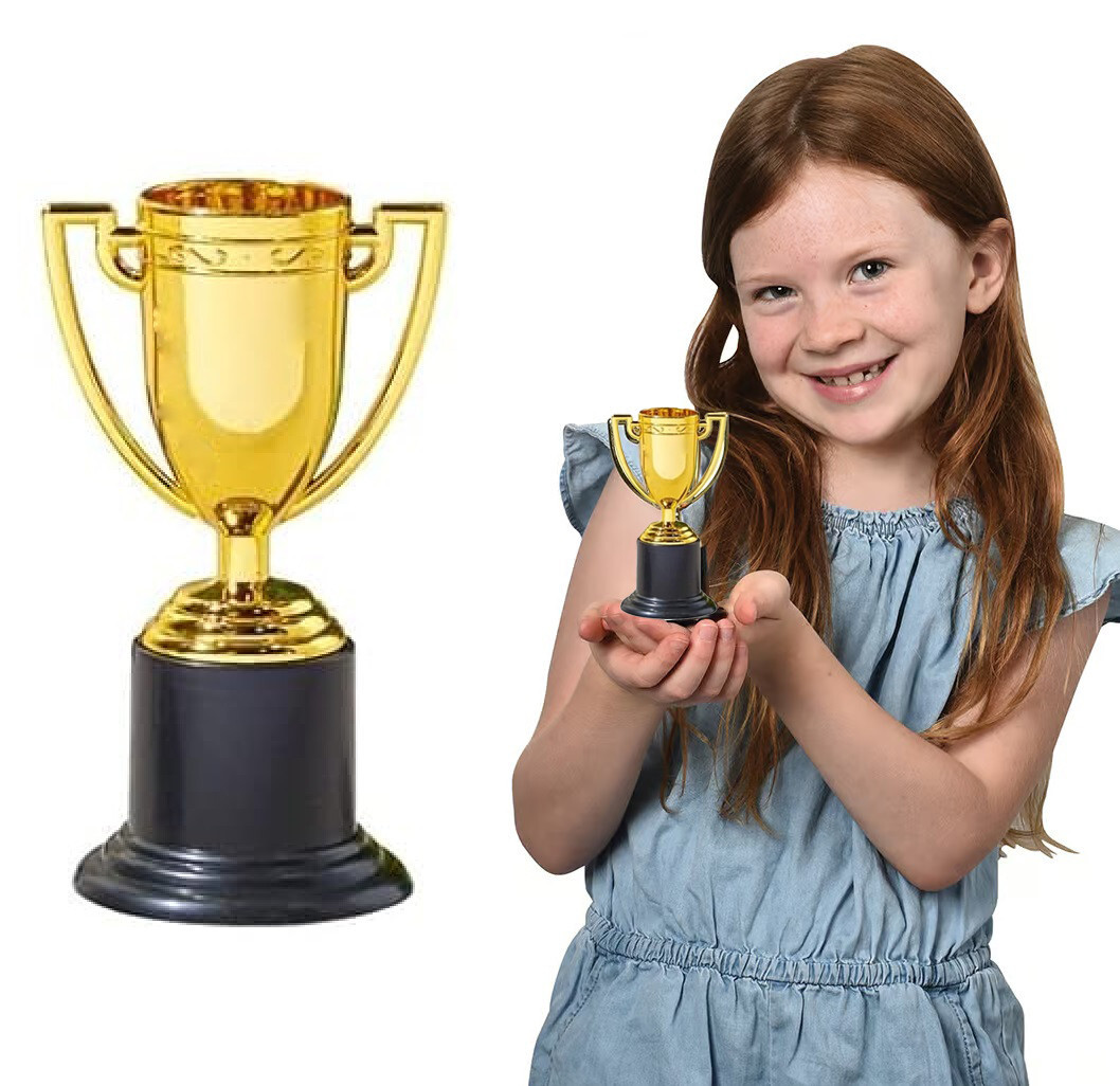 Small Gold Trophies – 12 Pack. (4″) Plastic. Bulk Mini Trophy Cups.