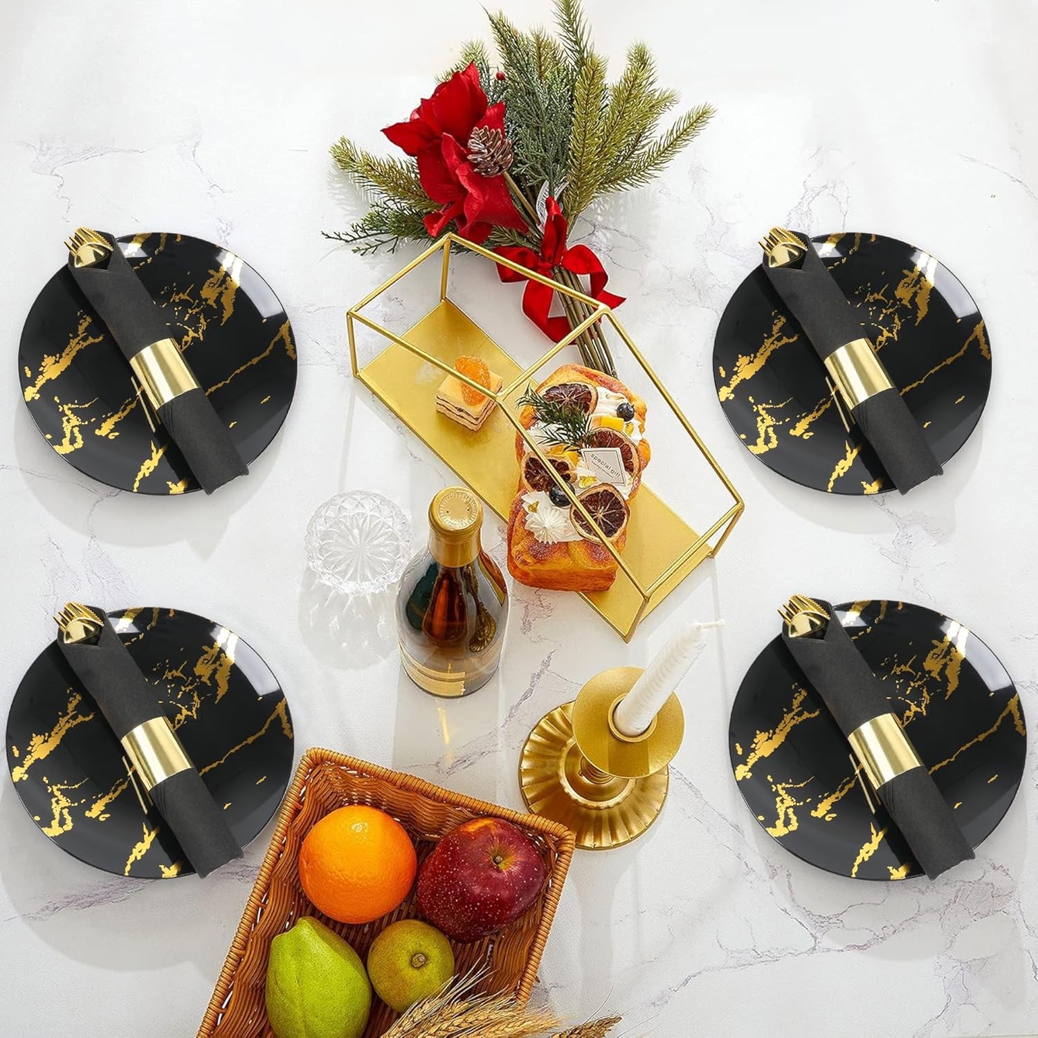 100 Pack Pre Rolled Gold Plastic Silverware Set,Wrapped Plastic Cutlery Set with