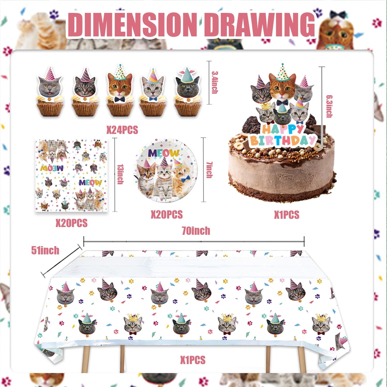 66 PCS Cat Birthday Party Decoration Plates Napkins Tablecloth Set 20 White