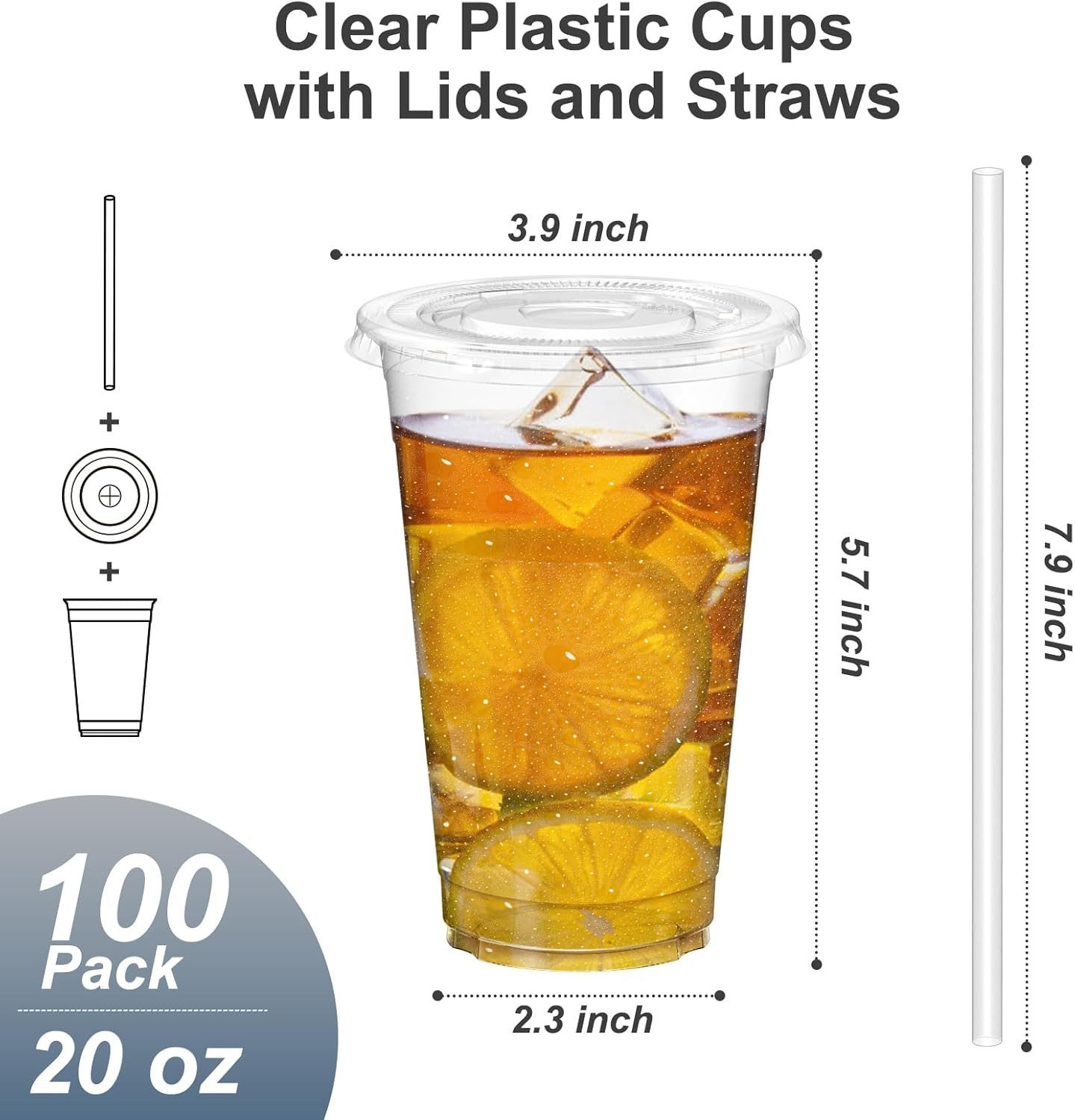 100 Pack – 20 Oz Clear Plastic Cups with Lids and Straws, Sturdy & Food Safe Ice