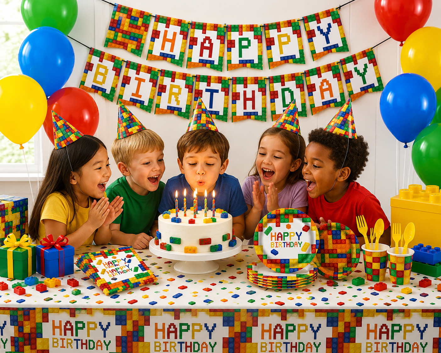 Building Blocks Birthday Party Supplies for 16 Guests Fits LEGO building brick