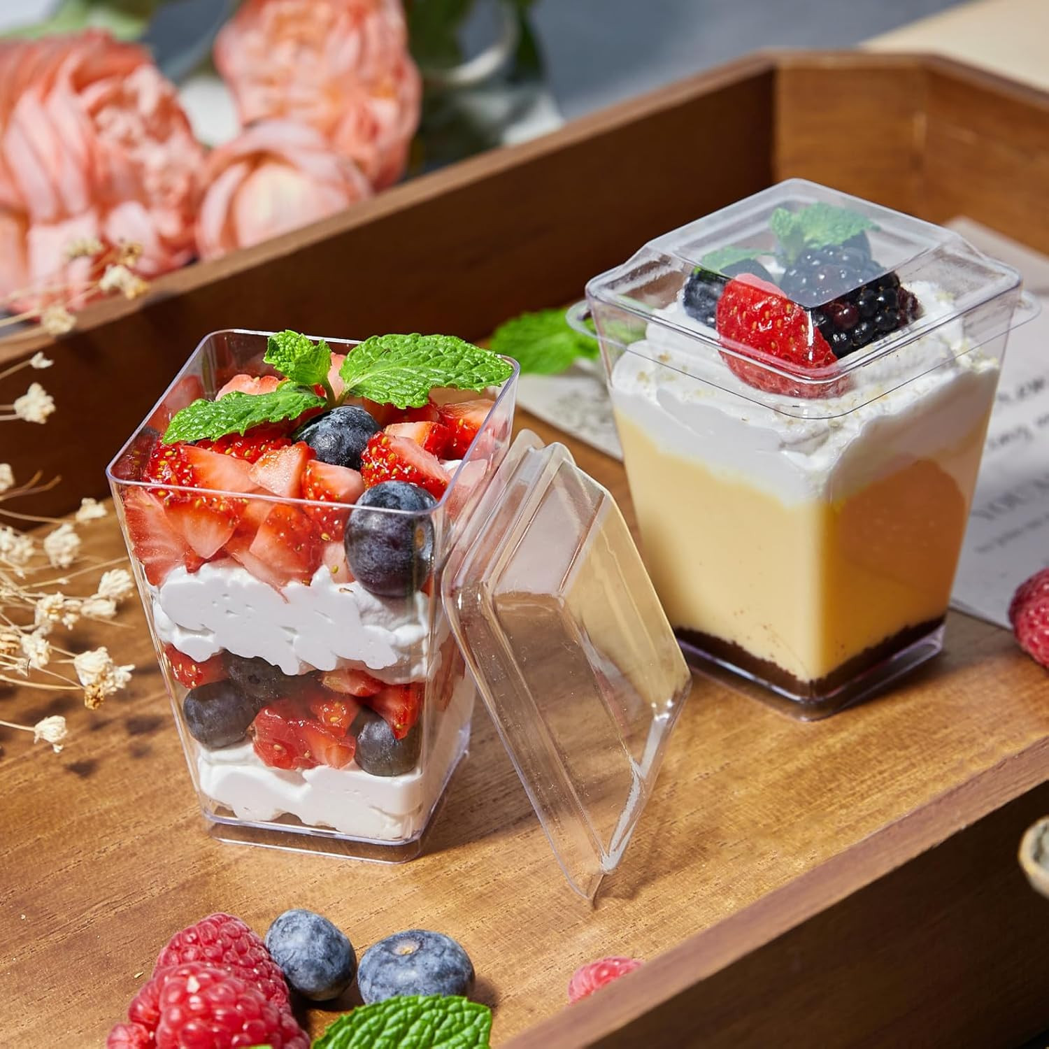 5 Oz Plastic Dessert Cups with Lids and Spoons 75 Pcs Serves 25, Banana Pudding
