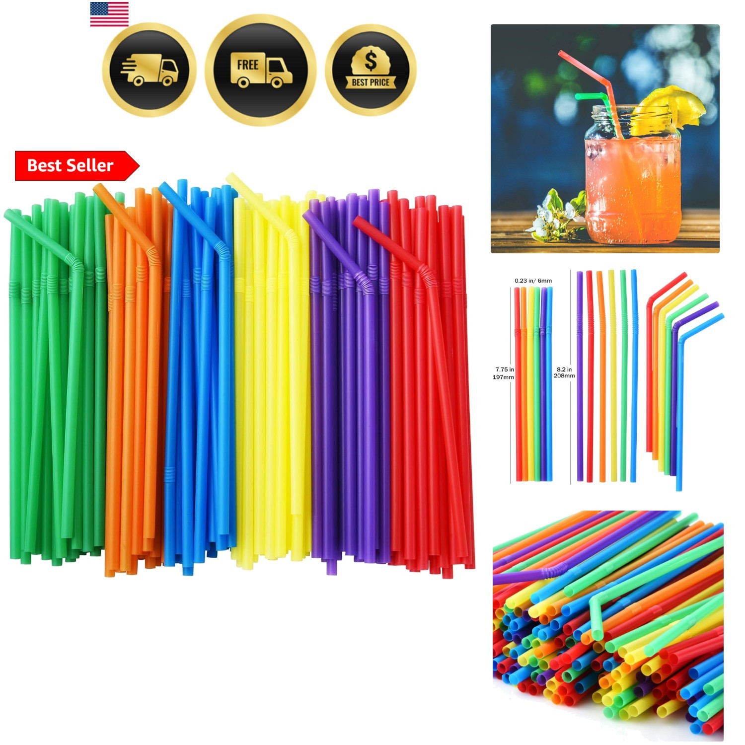 500-Pack Solid Colors Flexible Drinking Straws, Plastic Disposable Bendy Stra…
