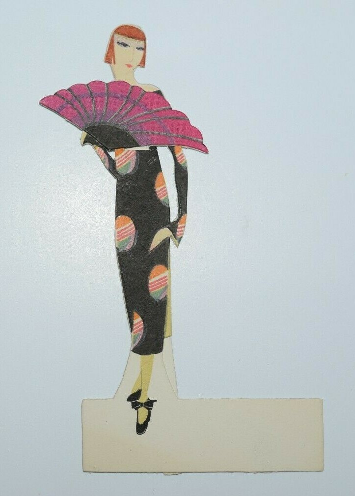 Vintage Art Deco Place Card Figure Stylized Exotic Women & Fans Asian 1920