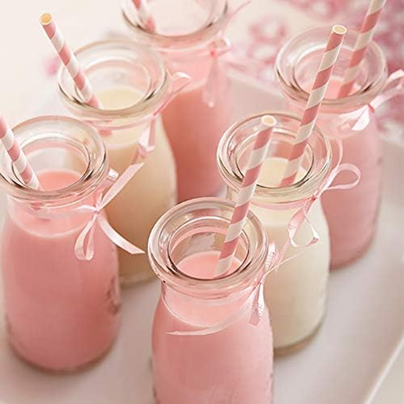 Biodegradable Pink Paper Straws, Pack of 100 Party Straws for Juice, Cocktail, S