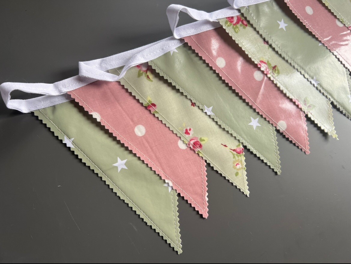 Handmade Outdoor Waterproof Bunting Sage Star Vintage Pink Floral All Lengths