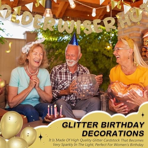 Set of 3 Pre Strung Older Wiser Hotter Glitter Banner Funny Champaign Gold
