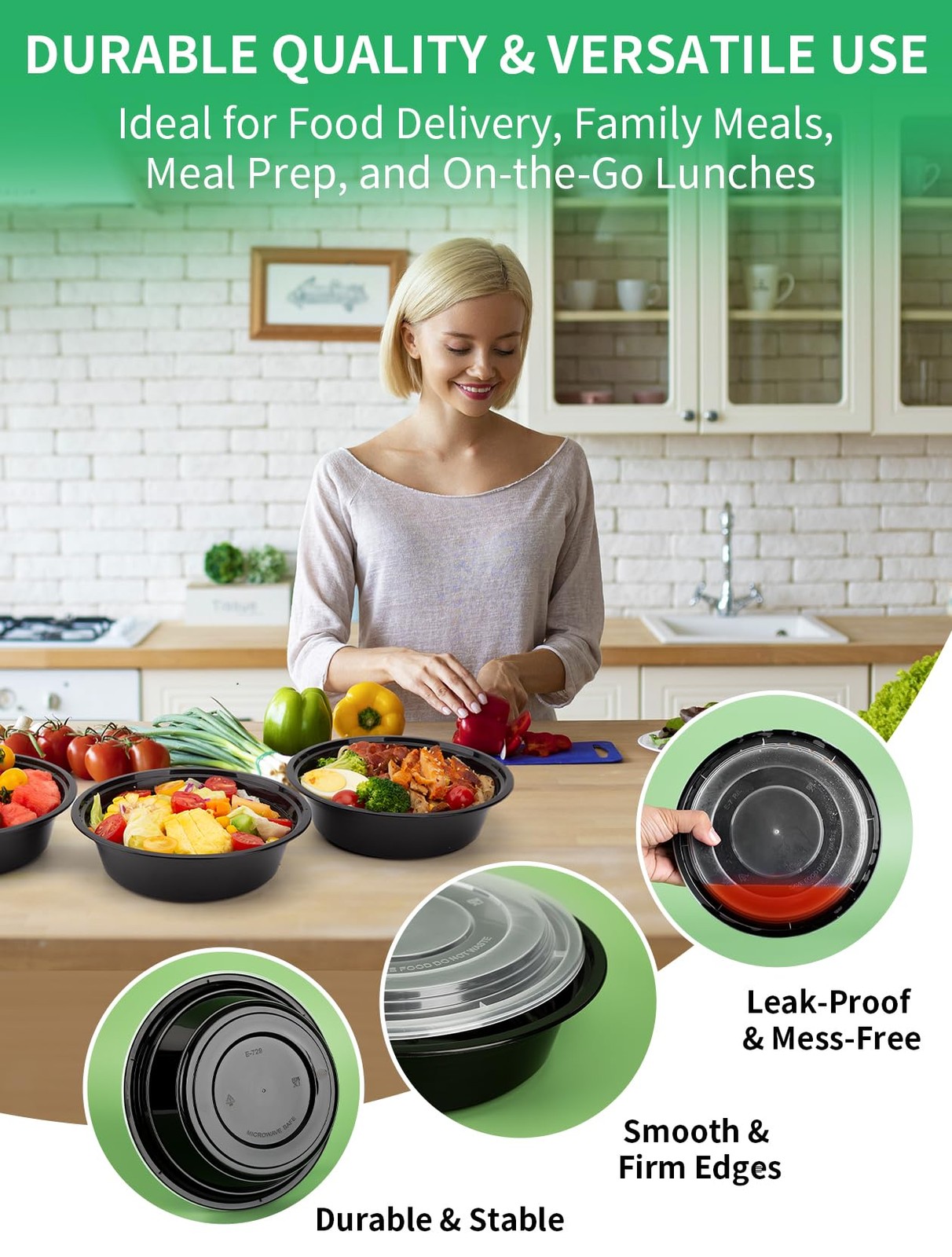 UMT Plastar Meal Prep Containers with Lids – 50 Pack 32 oz Round Meal Bowls, Mic