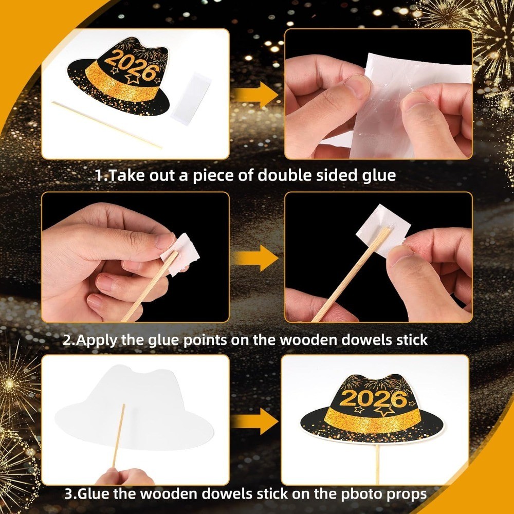 New Years Photo Booth Props 2026, Pack of 30 Black and Gold NYE Photo Props for