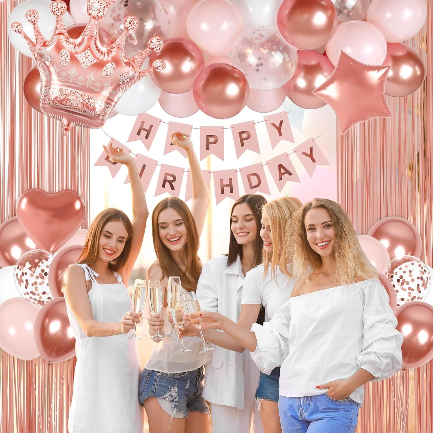 All-Inclusive Rose Gold Birthday Decorations for Women with Balloons and Banner