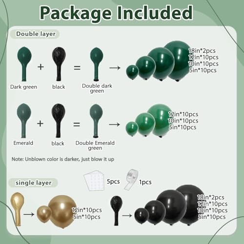 Dark Green and Gold Black Balloon Arch Kit, Double Stuffed Emerald Green Black