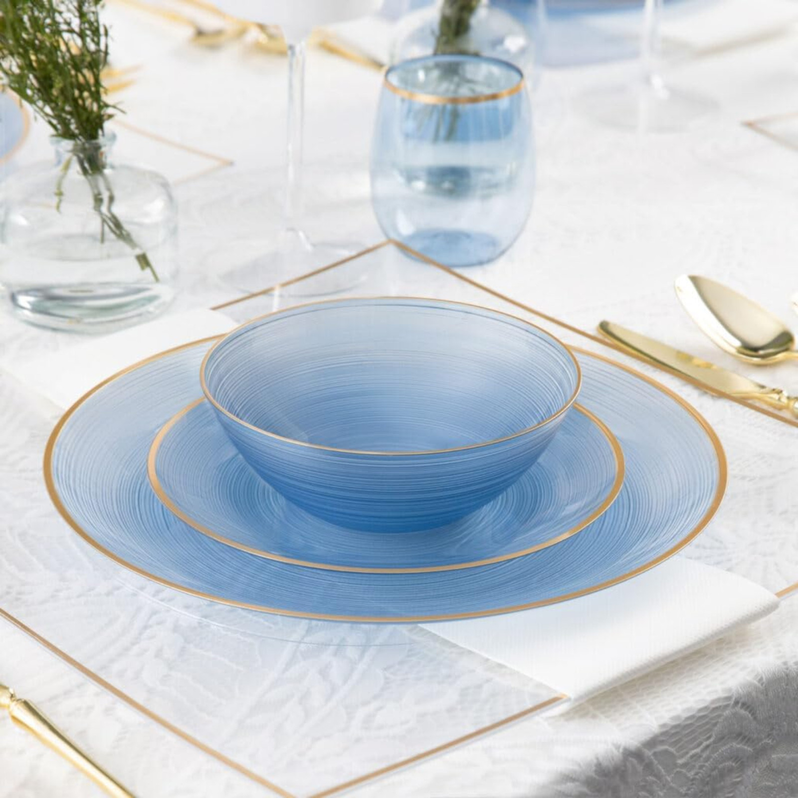 12oz Blue Tide Designed Plastic Round Bowls with Gold Rim for Kitchen Food Party