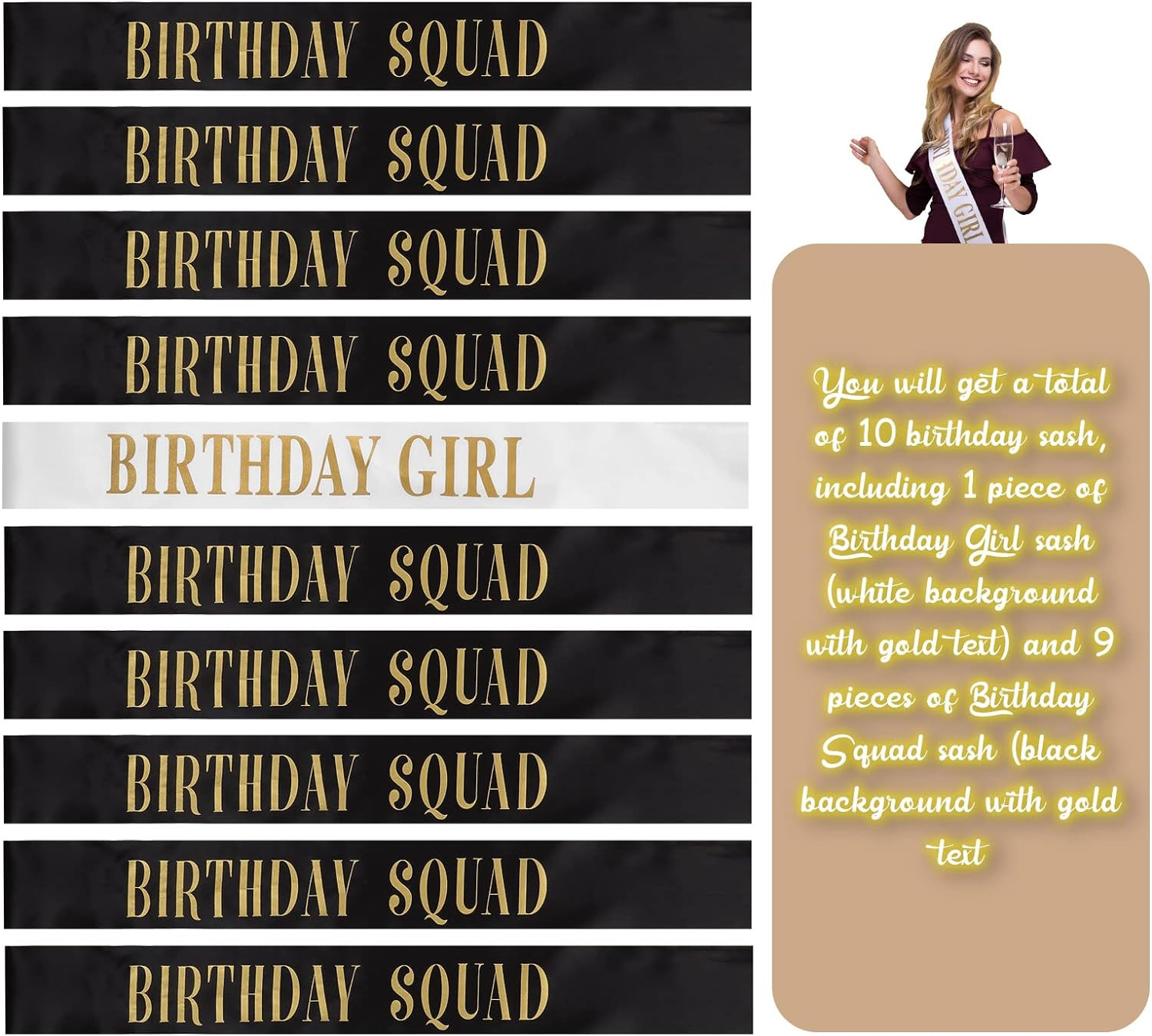 10 Pieces Birthday Gift Sash Set Black and Gold Birthday Squad Sash White and