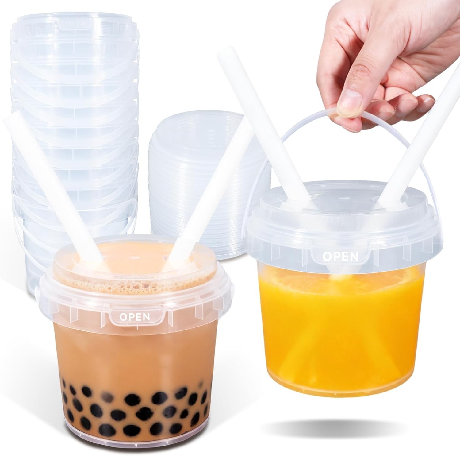 25Oz Reusable Plastic Drink Buckets with Lids and Straws – 10 Pack