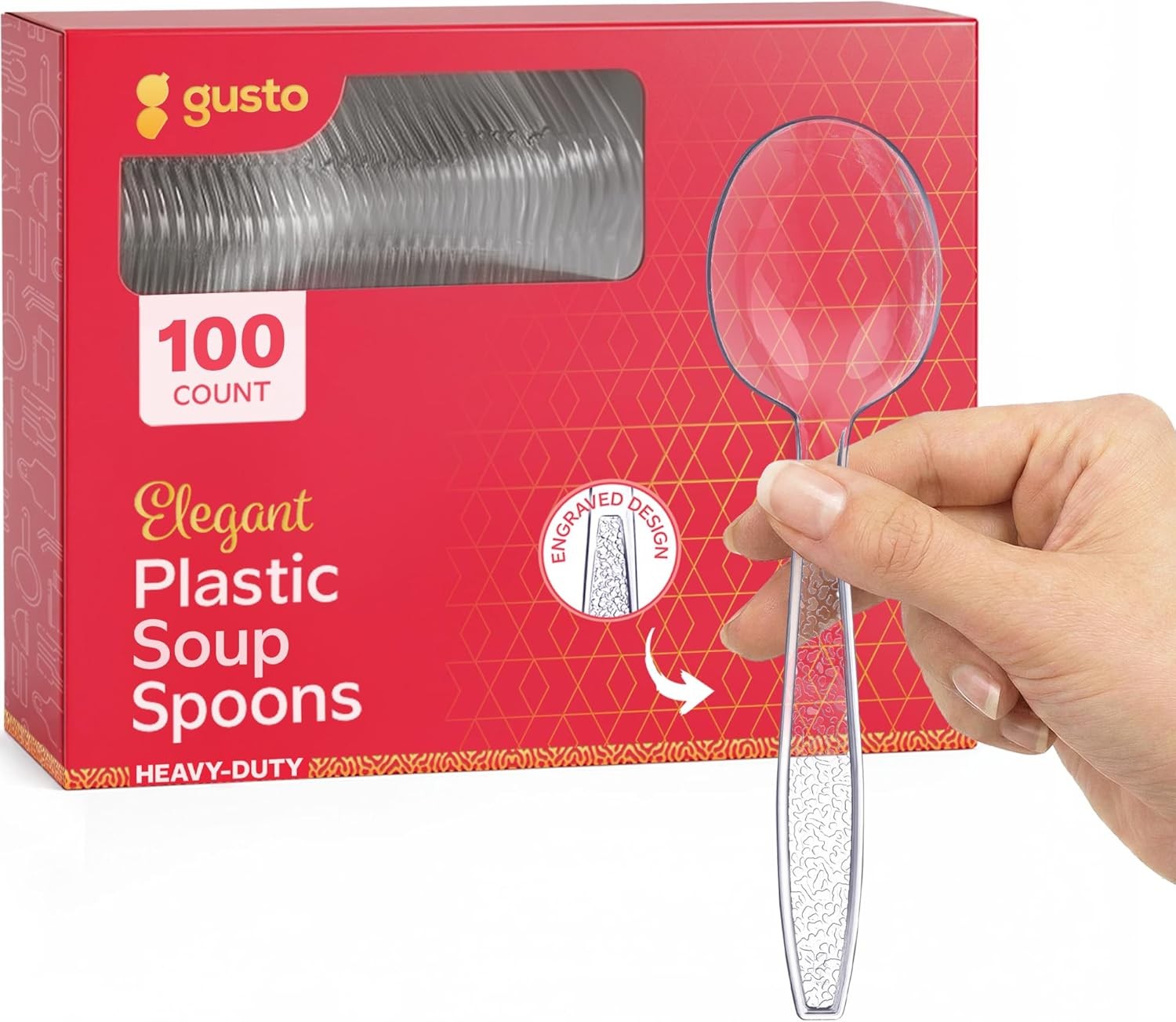 100 Pack] Heavyweight Clear Plastic Soup Spoons with Engraved Design –
