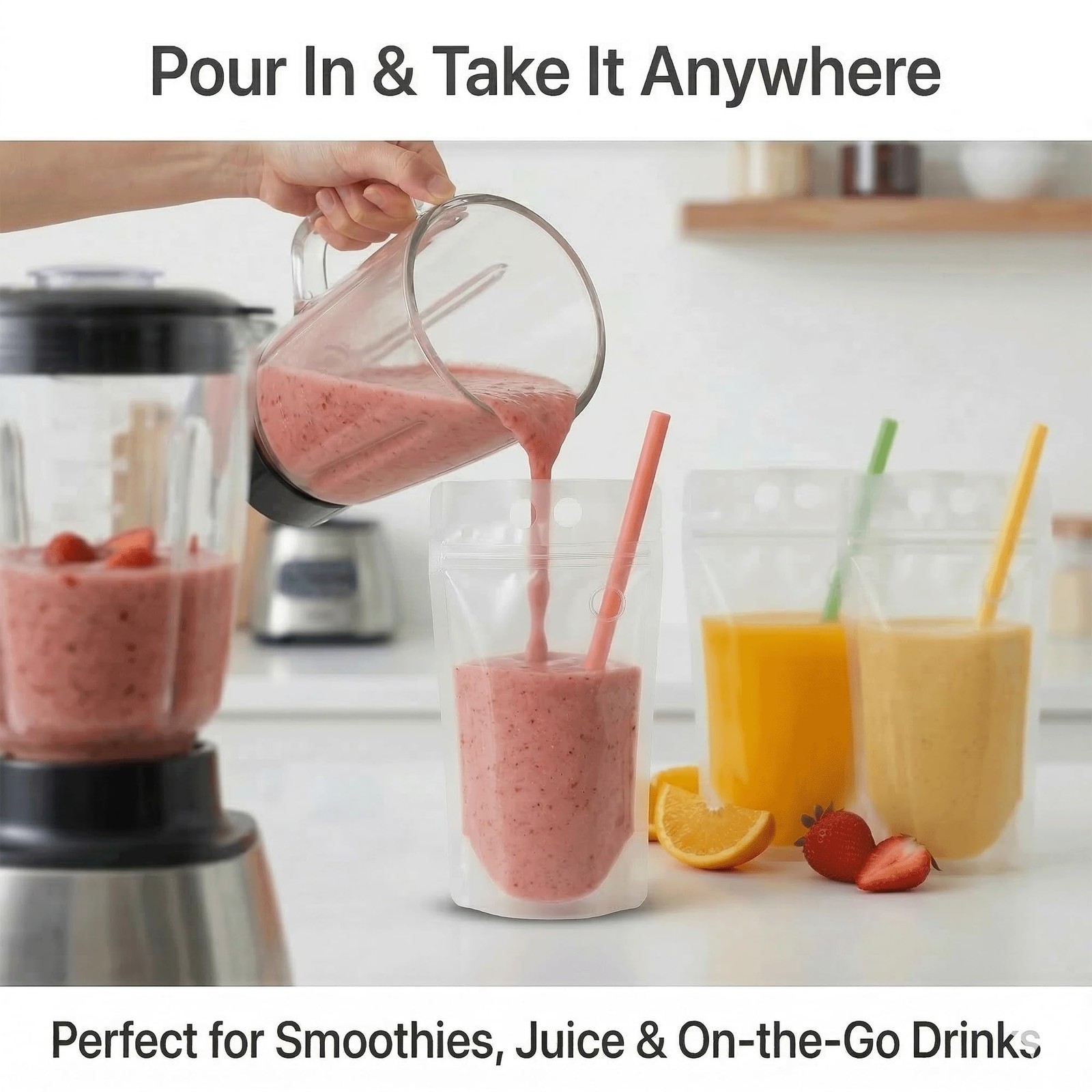 100PCS Drink Pouches with Side Straw Port, Resealable Drink Bag Set with Stra…