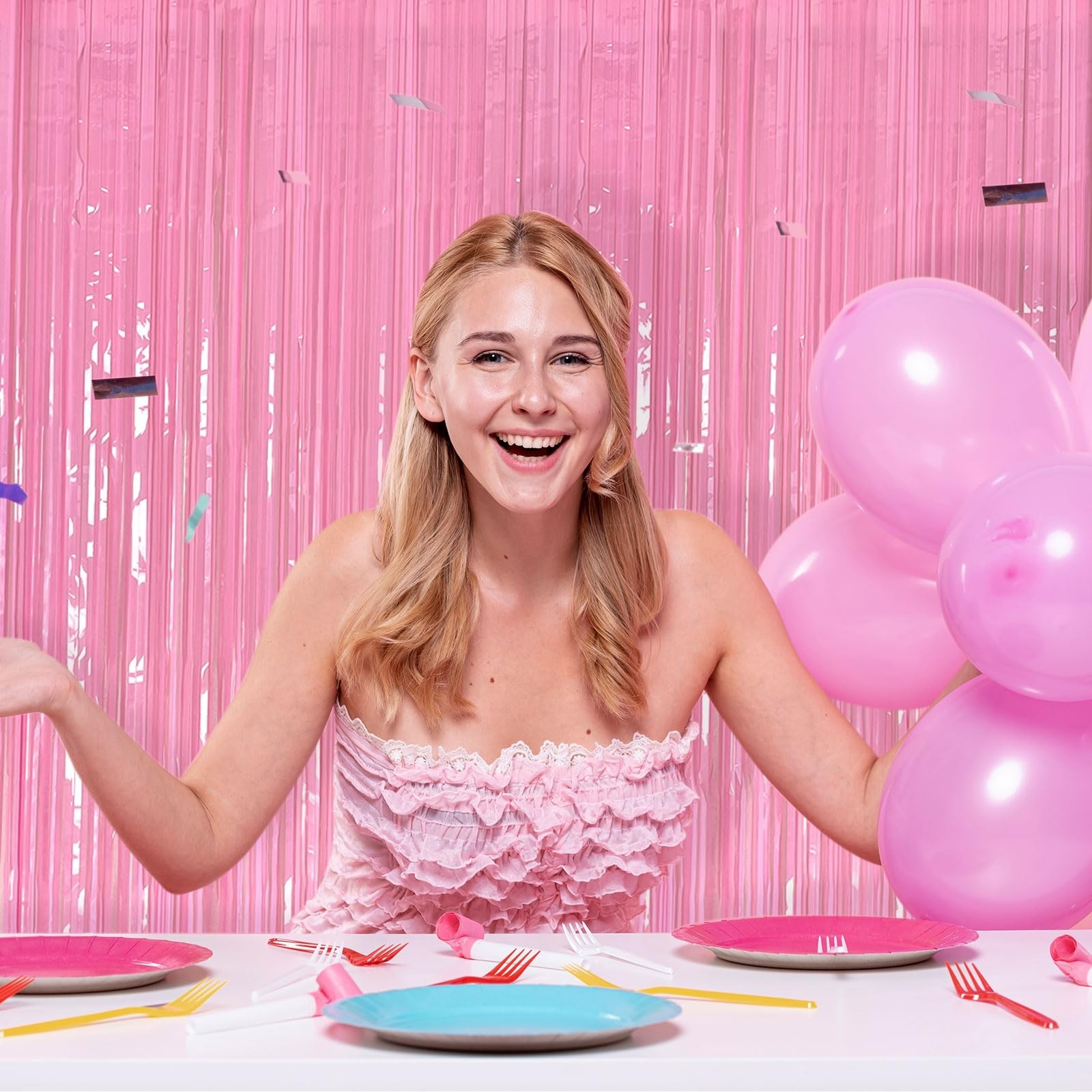 20 Pack Pink Tinsel Curtain Backdrop – Foil Fringe Party Decorations for Birthda