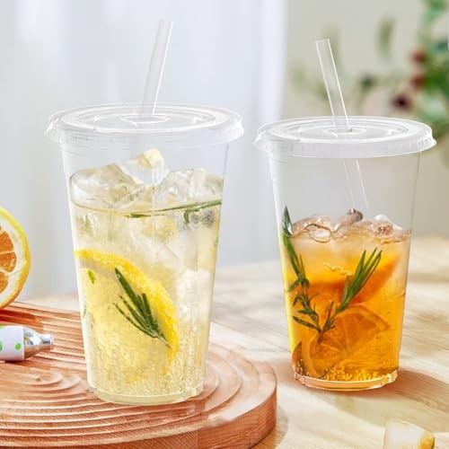 100 Pack – Clear Plastic Cups with Lids and Straws, Sturdy & Food 24 oz 100.0