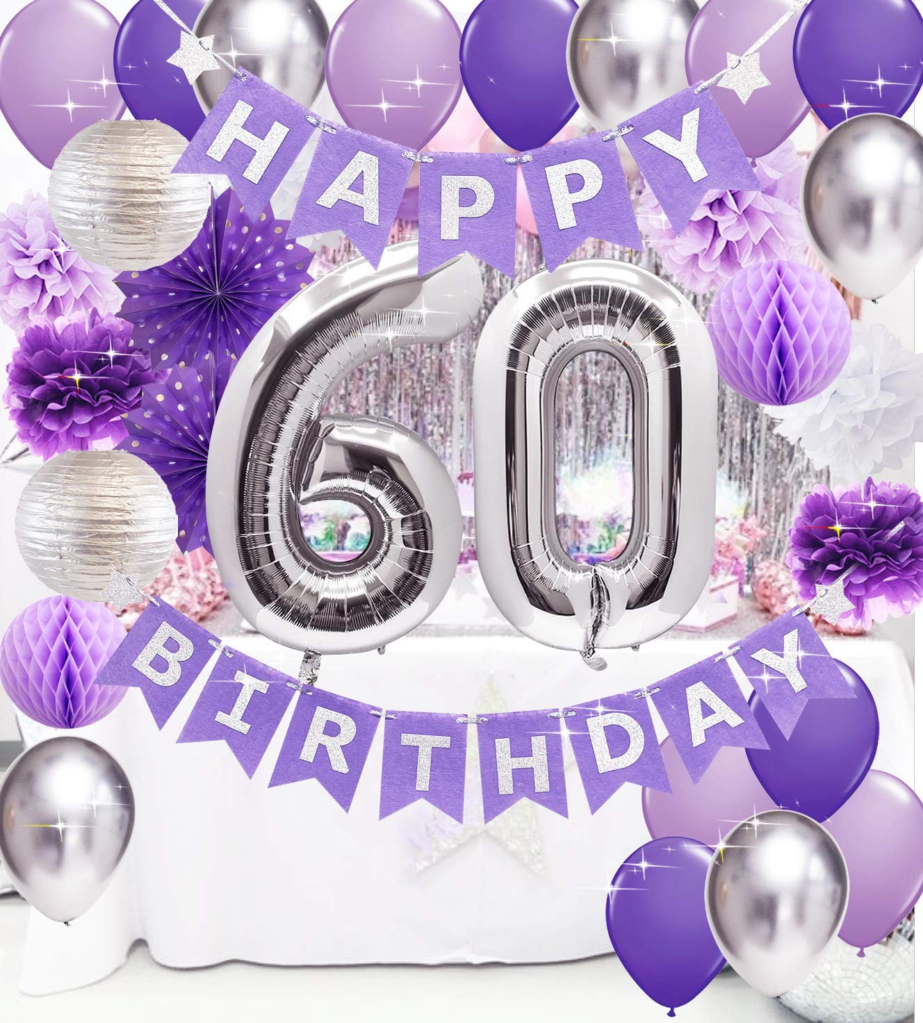 Qian’S Party 60Th Birthday Decorations For Women Purple Silver Women 60 Happy