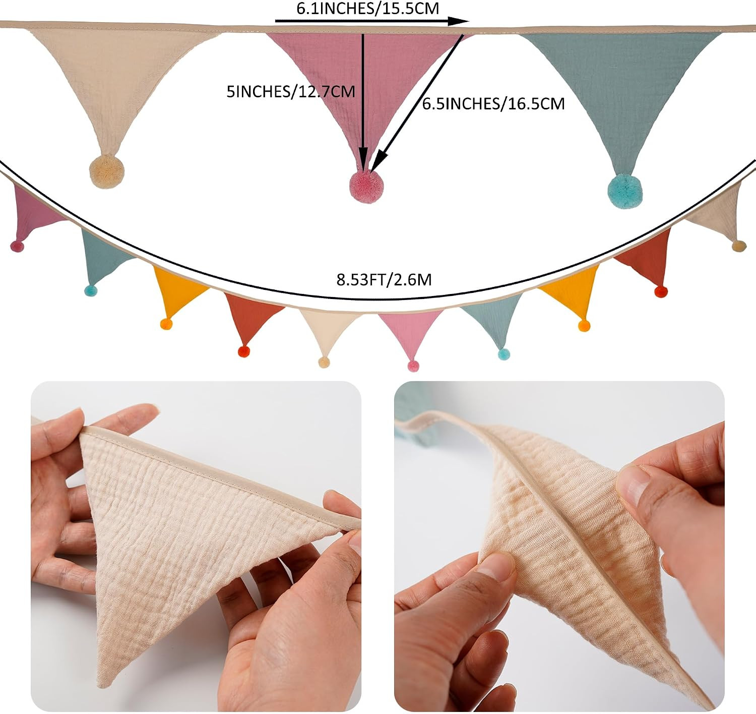 Fabric Bunting Banner, 2 Pack Handmade Neutral String Banner with Felt Ball Each