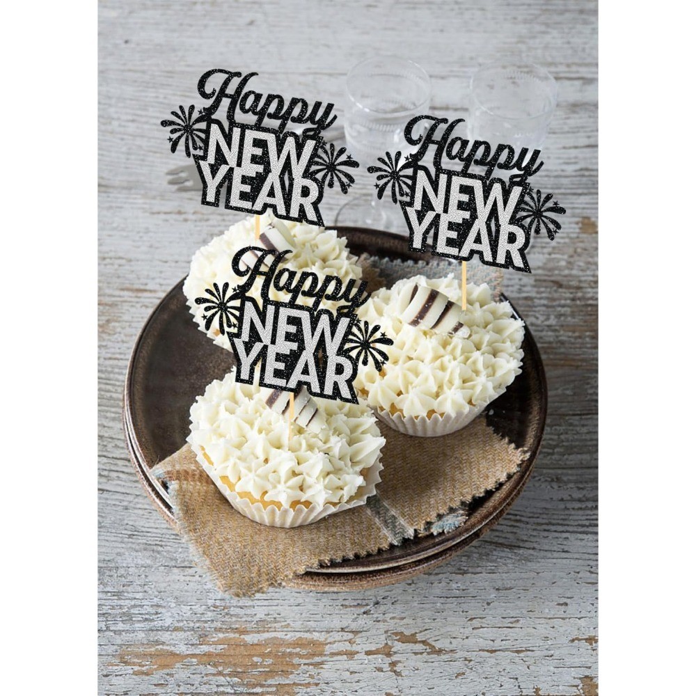 24 PCS Happy New Year Cupcake Toppers, Glitter 2026 Cake Topper for New Years