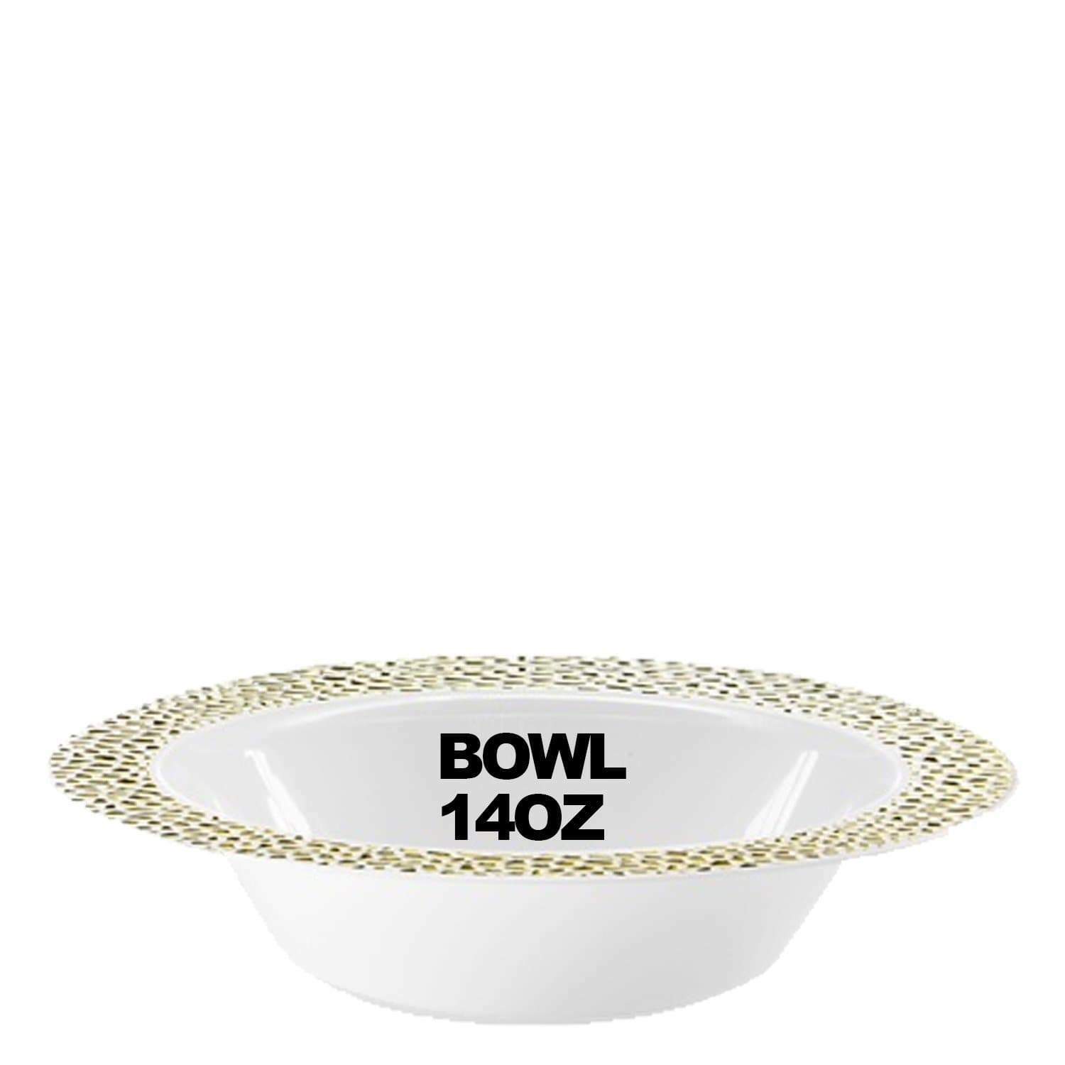 10 Count Pebbled Disposable White Soup Bowls Gold Rim 14 oz For All Occasion