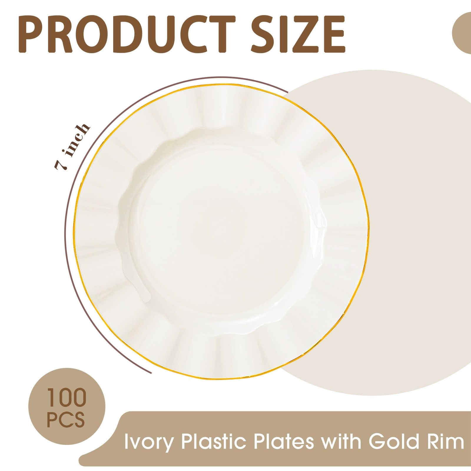100 Pack Ivory Plastic Plates with Gold Rim, 7in Disposable Wave Edge Dessert…
