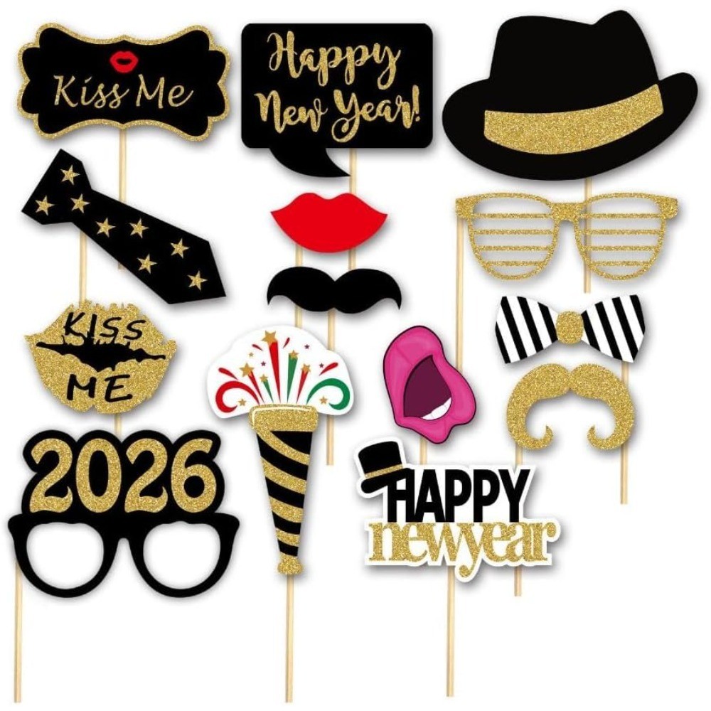 2026 Glitter Happy New Year’s Eve Party Photo Booth Props Supplies with Paper