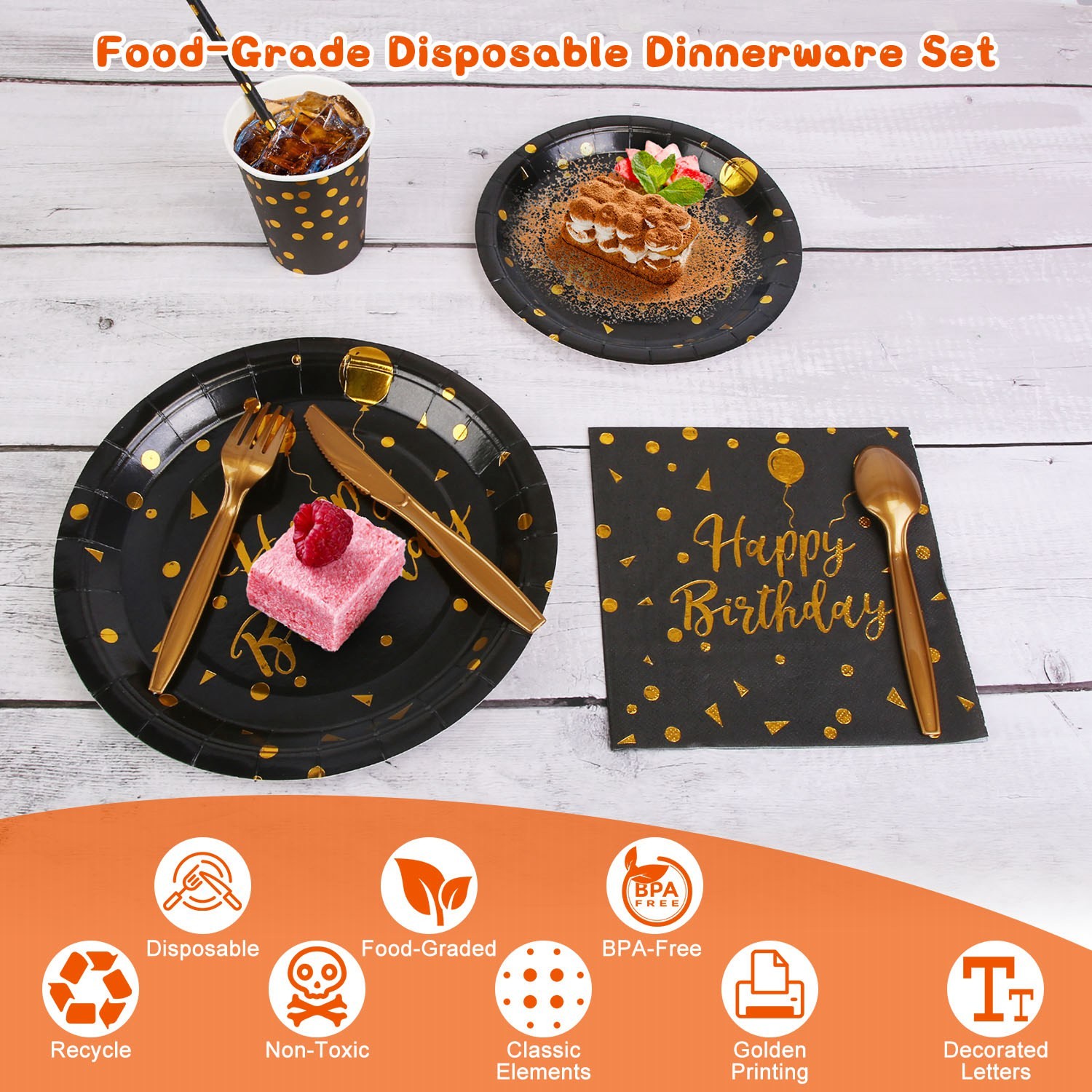 201‑Piece Black & Gold Birthday Party Set | Plates, Cups, Cutlery & Napkins for