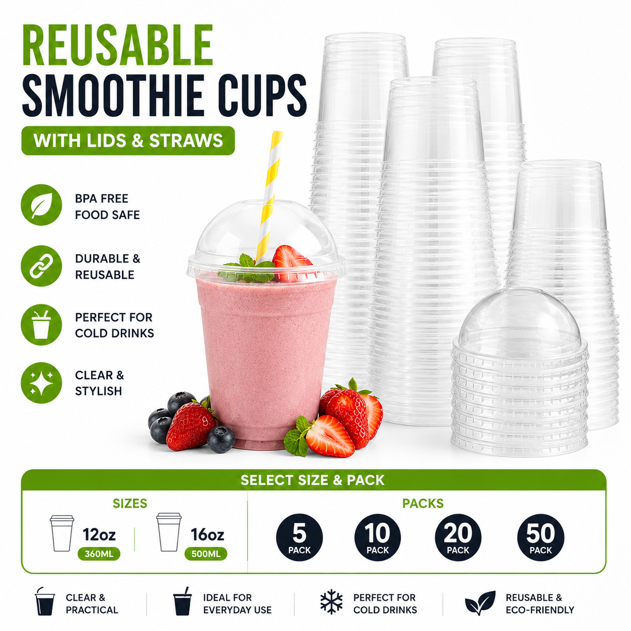 5-50x Reusable Smoothie Cups with Lids 16oz 500ml Milkshake Cold Drinks Juice