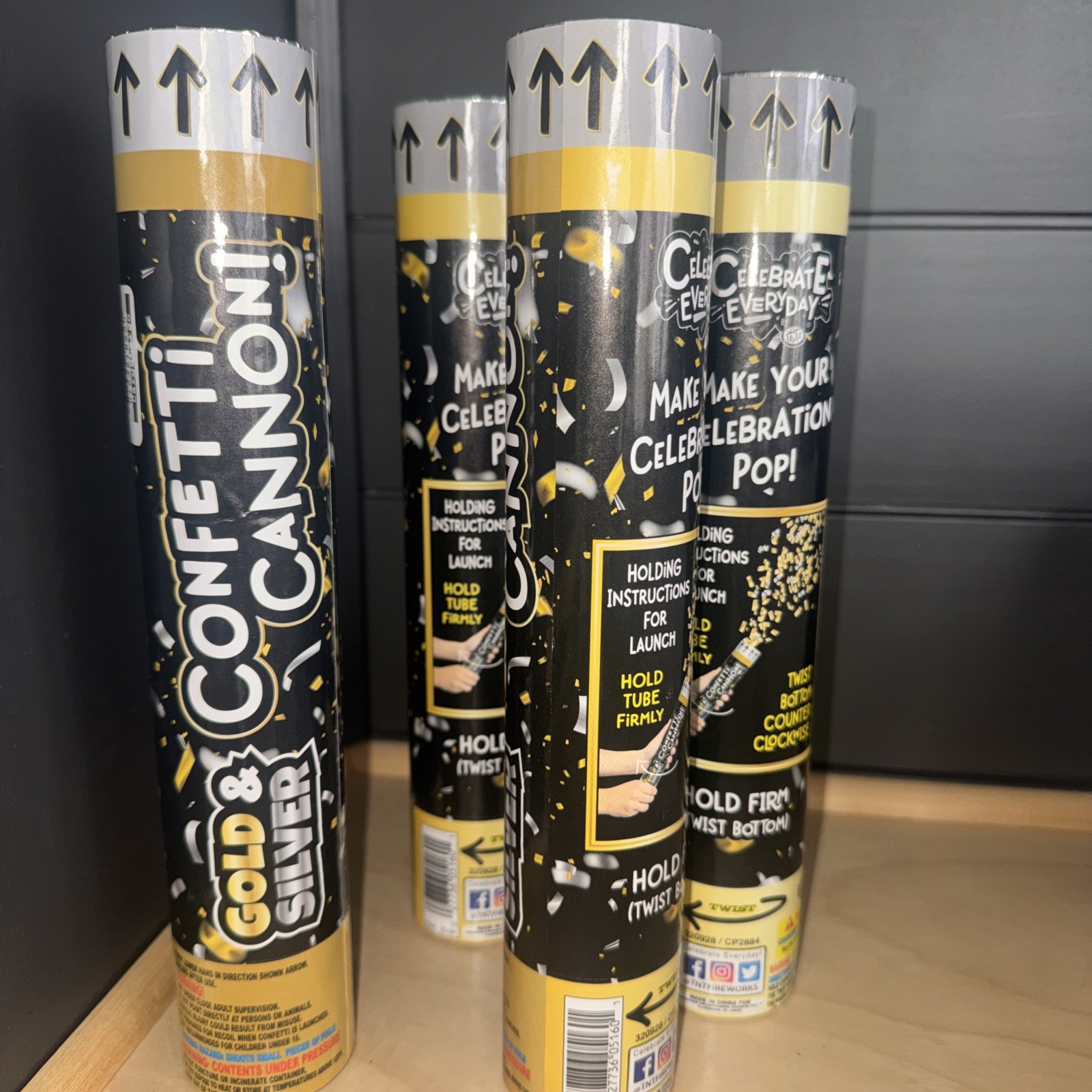 4 Confetti Cannon Poppers Gold & Silver 11” Tall Adult Supervision NEW