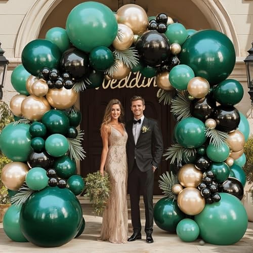 Dark Green and Gold Black Balloon Arch Kit, Double Stuffed Emerald Green Black