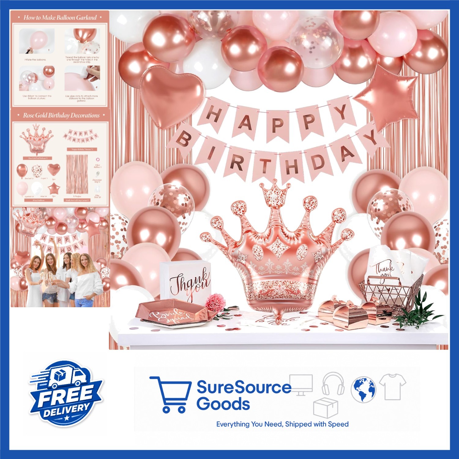 All-Inclusive Rose Gold Birthday Decorations for Women with Balloons and Banner