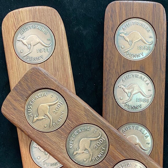 70th Birthday Gift Present Hardwood Two-Up Game 1954 Australian pennies two up