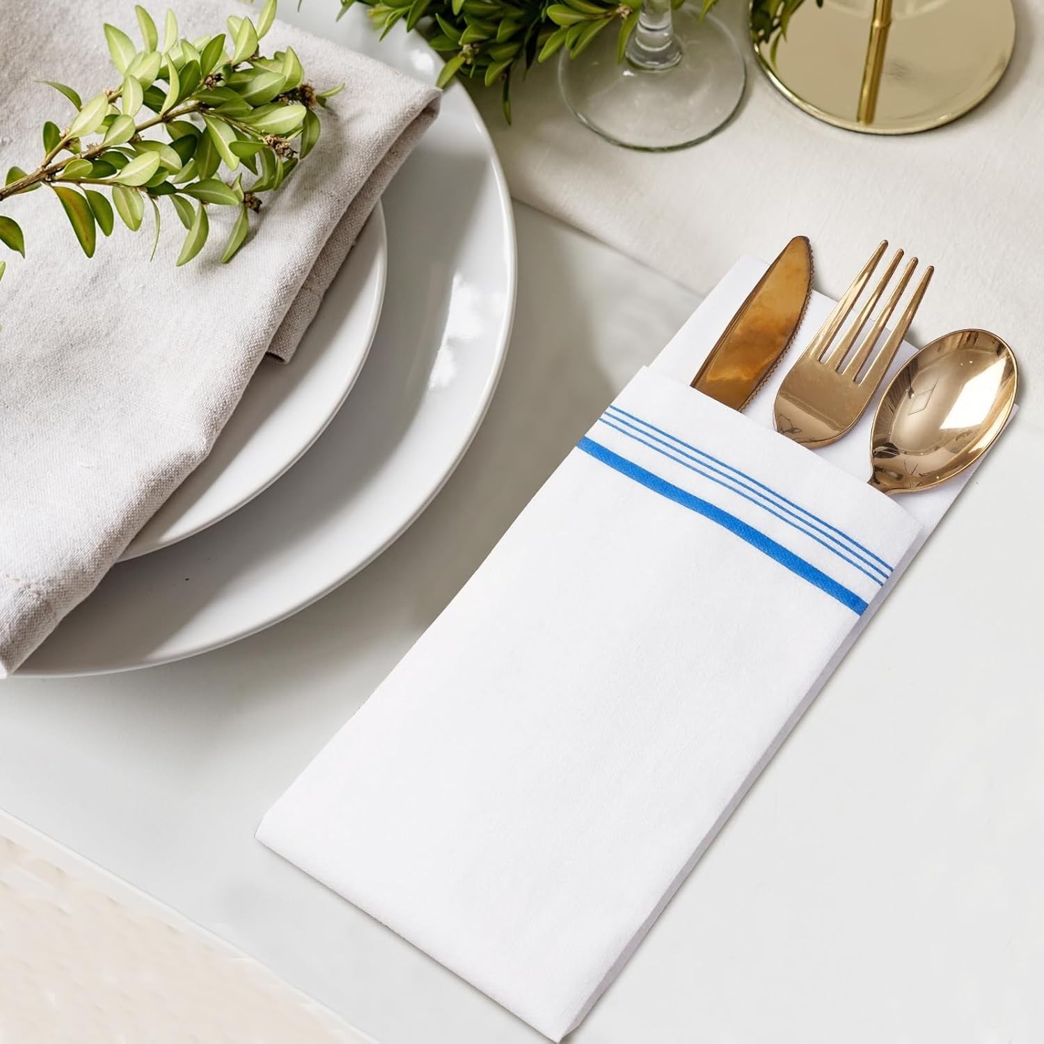 50 Disposable Paper Hand Towels for Bathroom 12″ x 17″(Blue Trim Lined), Decorat