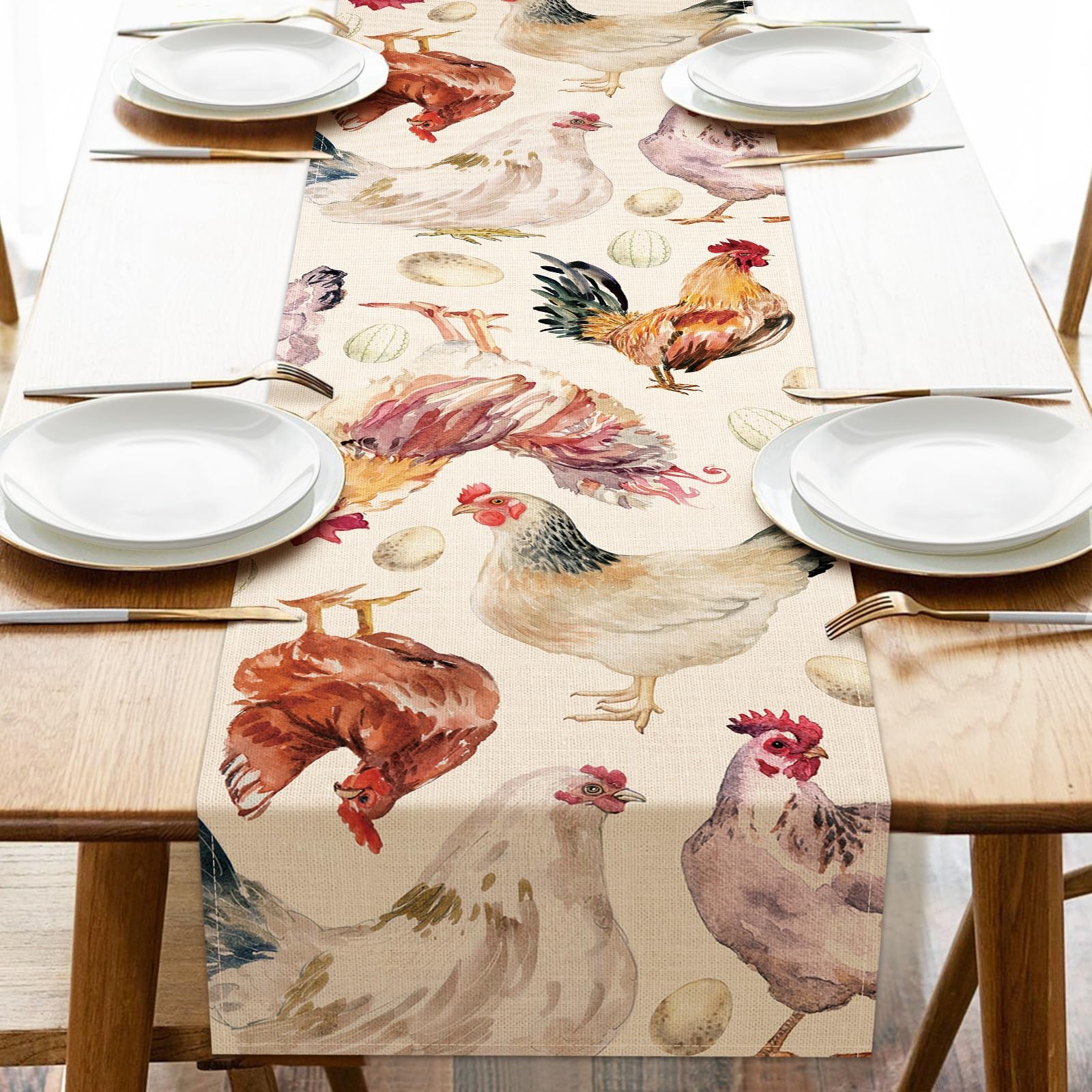 Uruney Farm Chicken Table Runner, Rooster Hen Egg Farmhouse Kitchen Dining Table