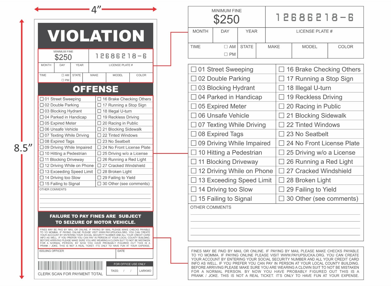 25 Fake Parking Tickets Prank Joke Funny Pretend Police Cop Gag Violation Fun