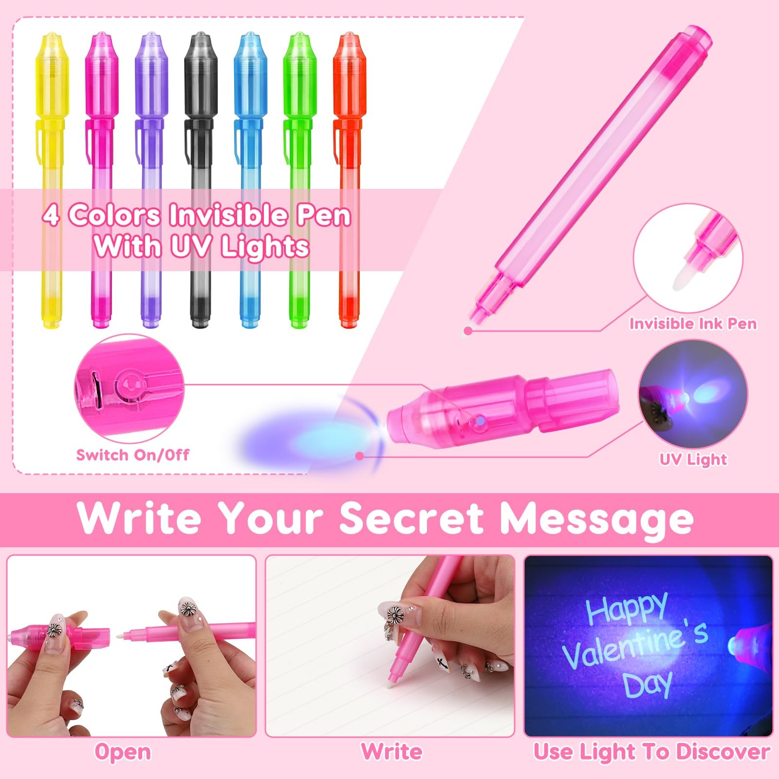 28PCS Spy Pens Valentines Day Gifts for Kids School Magic UV Light Pen Valent…