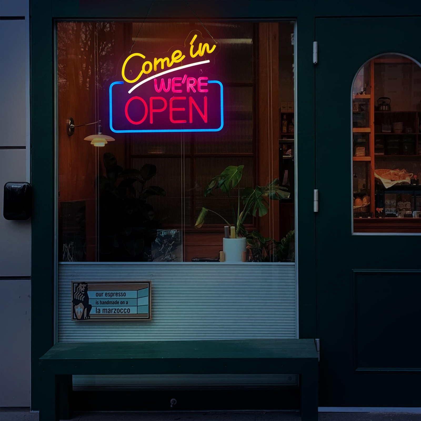 Come In We’re Open Neon 14.6 inches by 12.6 inches, Yellow + Pink + Blue