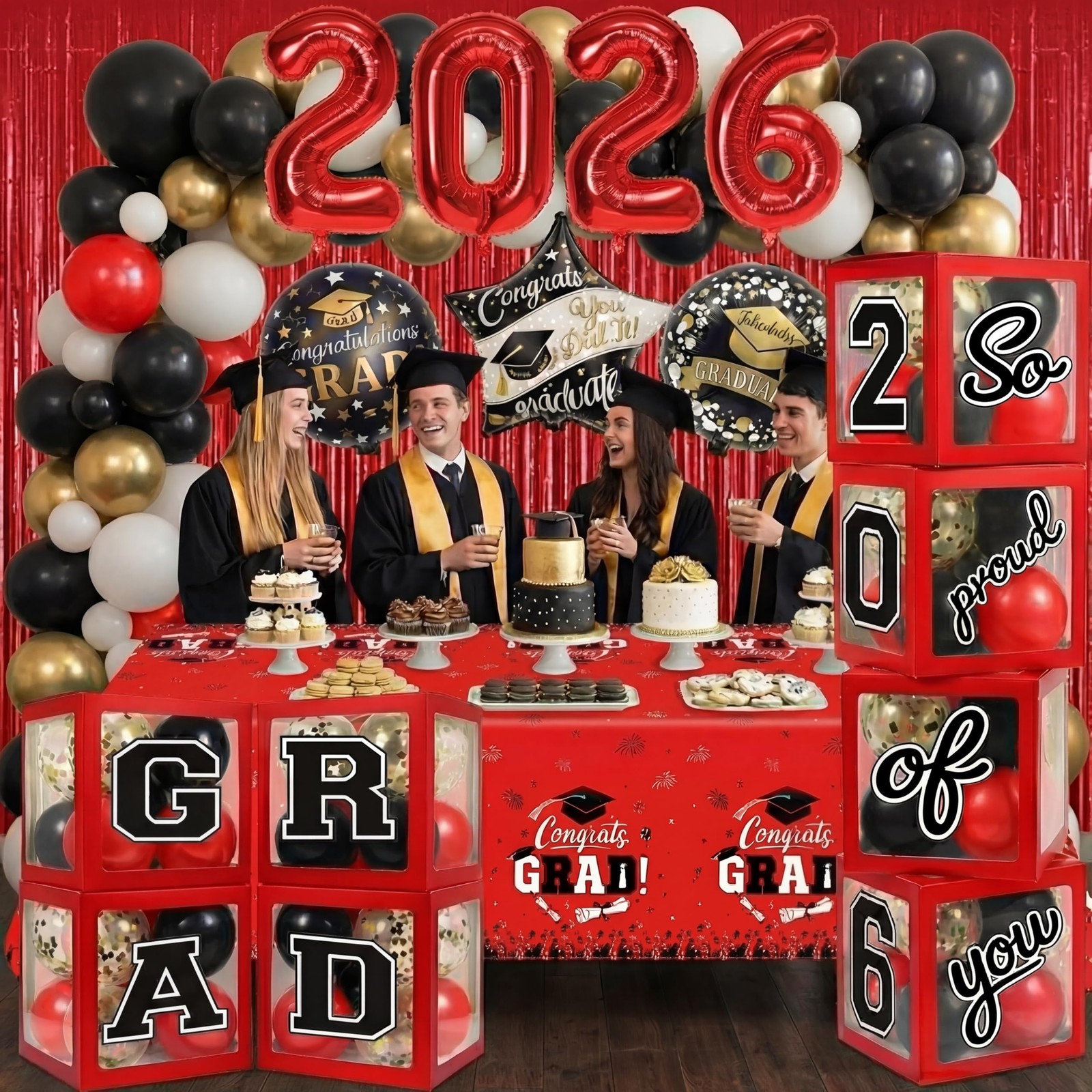Black and Red Graduation Decorations Class of 2026 – Graduation Balloon Boxes…